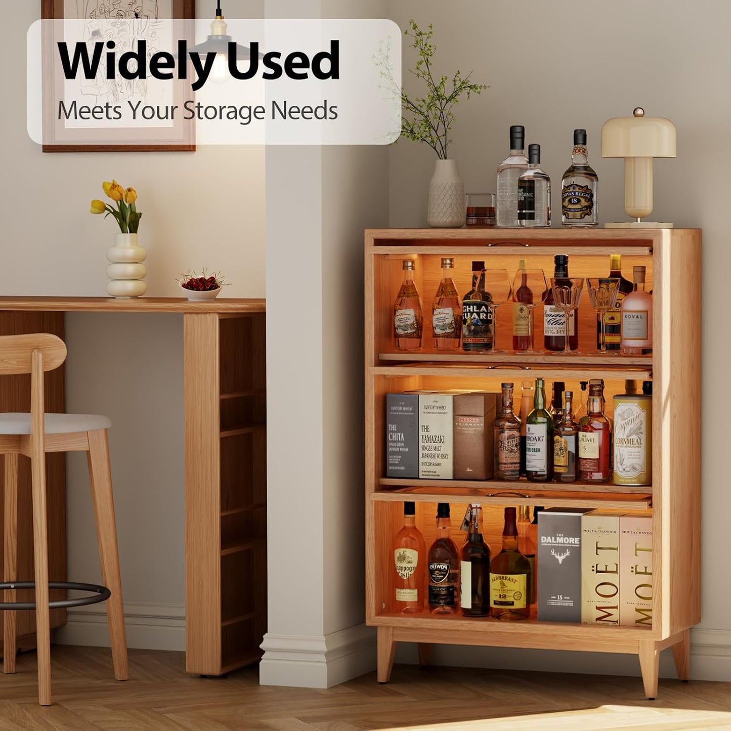 Solid Wood Bookcase with Glass Doors, 3 Shelf Bookshelves and Bookcases, Mid Century Modern Bookshelf with Glass Doors, Kitchen Pantry Cabinet (Natural, 31.5" W)