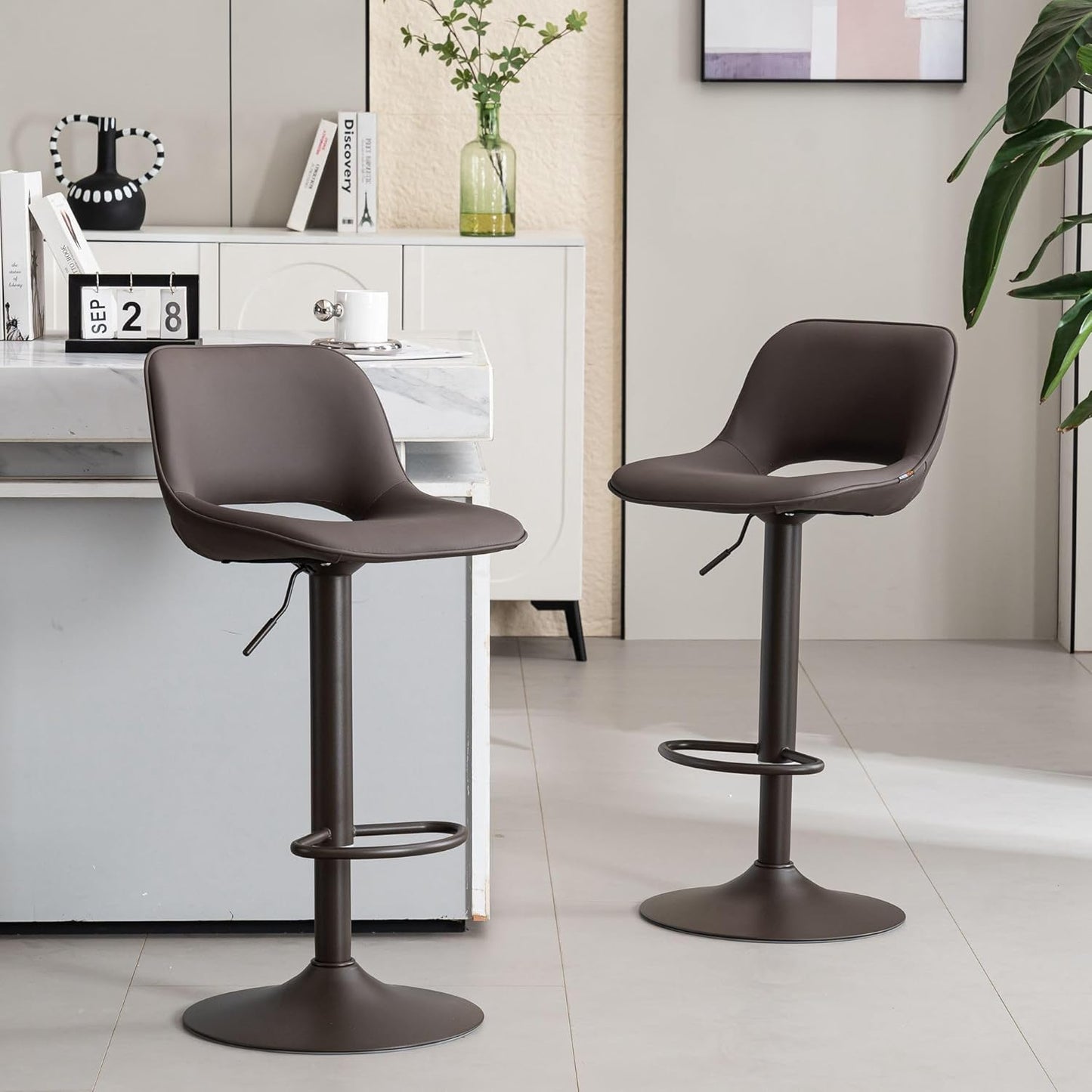 YOUNIKE Bar Stools Set of 2 Modern Swivel Barstools, Adjustable Counter Height Bar Stools Faux Leather Upholstered Counter Stools with Hollow Back for Kitchen Island, Brown