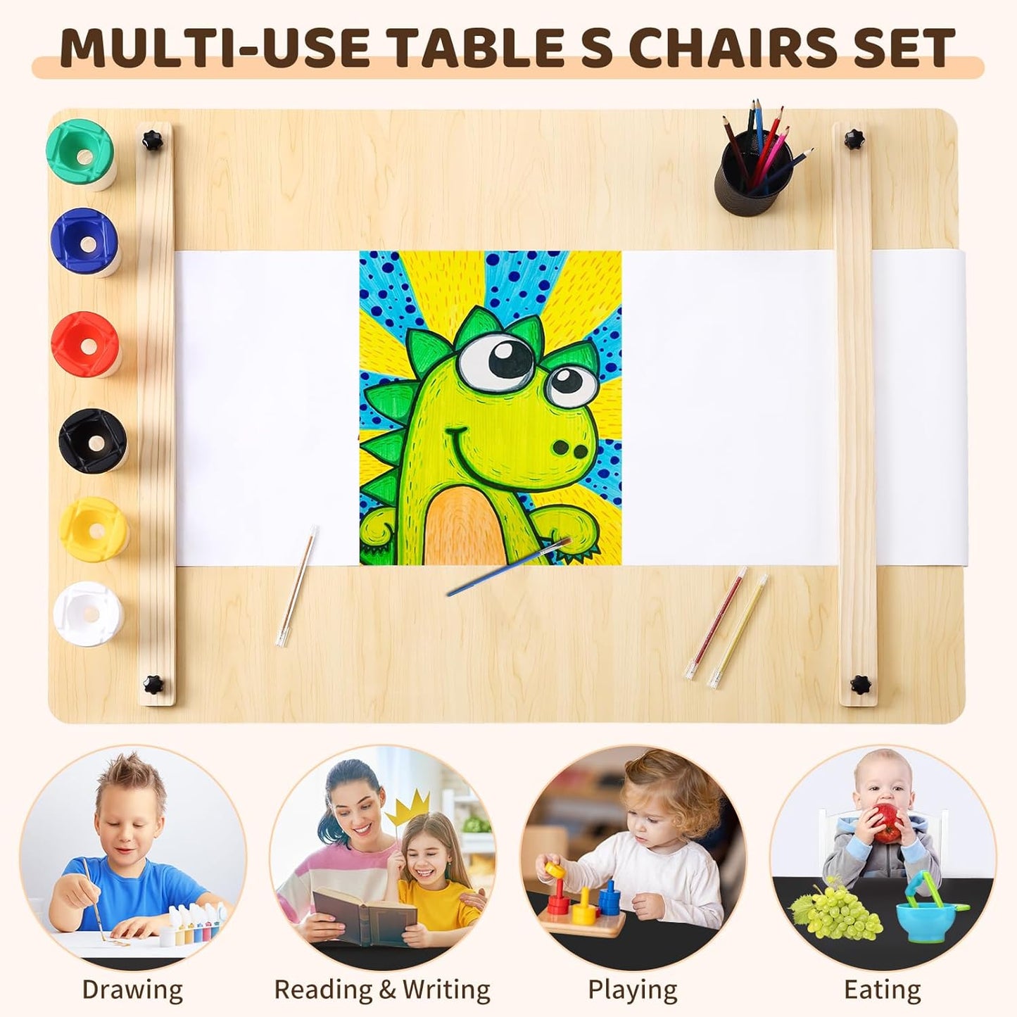 4 In 1 Kids Art Table and Chair Set,Toddler Craft Large Storage Desk with Portable Art Supply Organizer, Drawing Desk, Kids Activity and Study Table, Activity & Crafts for Children Wooden Furniture