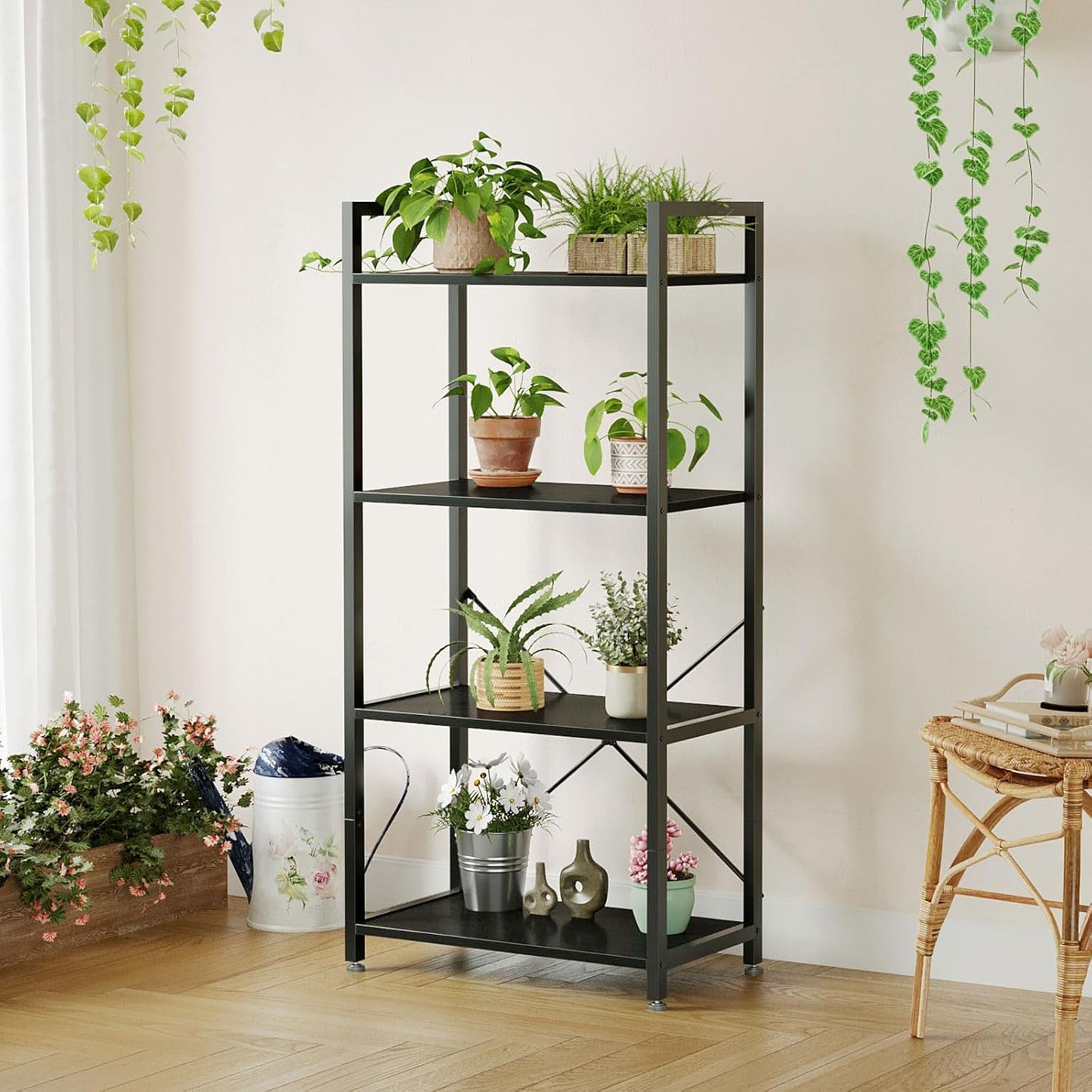 Casaottima Book Shelf, 4 Tier Bookshelf, Modern Wood Bookcase Shelves for Bedroom, Industrial Display Shelf for Living Room Home Office Kitchen, Standing Shelving Unit Storage Organizer, Black