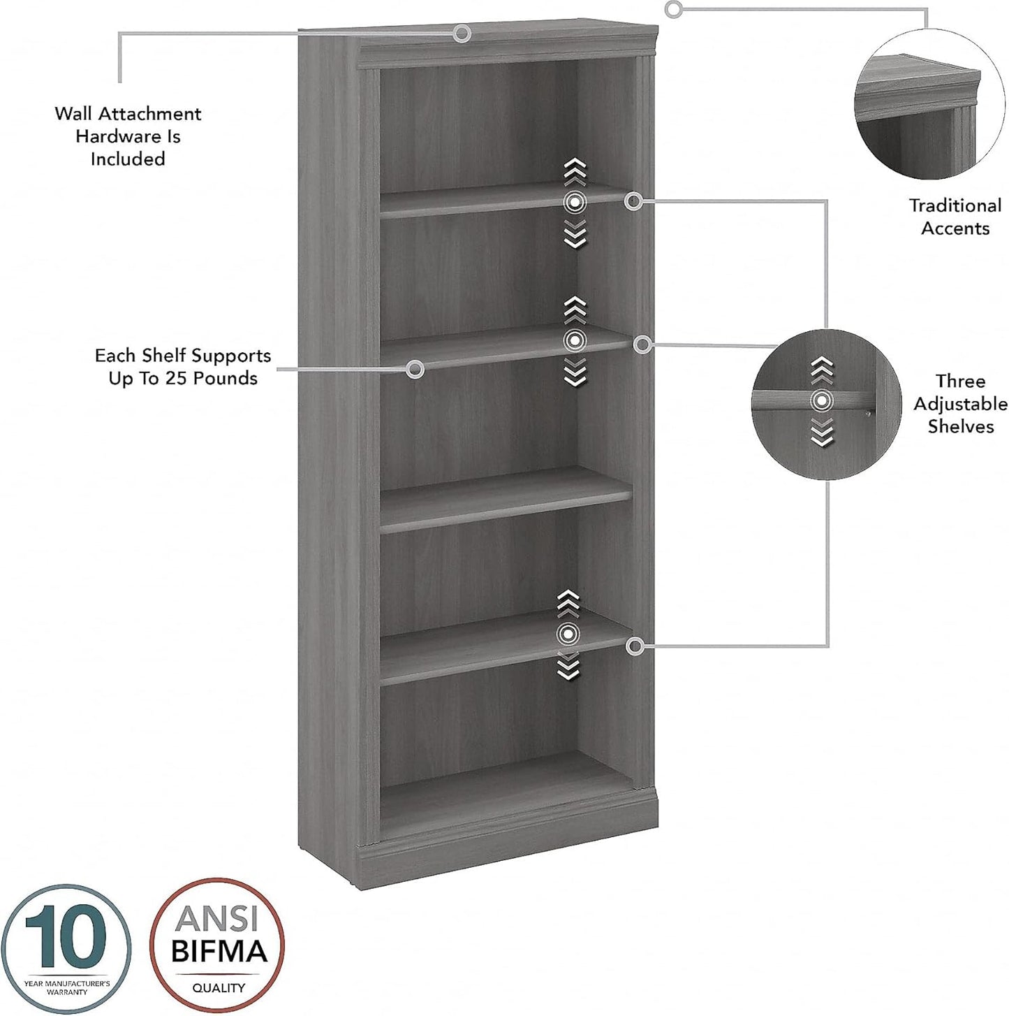 Bush Furniture Saratoga Tall 5 Shelf Bookcase in Modern Gray, Home Office Organizer, Vertical Storage Solution for Books and Office Supplies, Tall Bookshelf