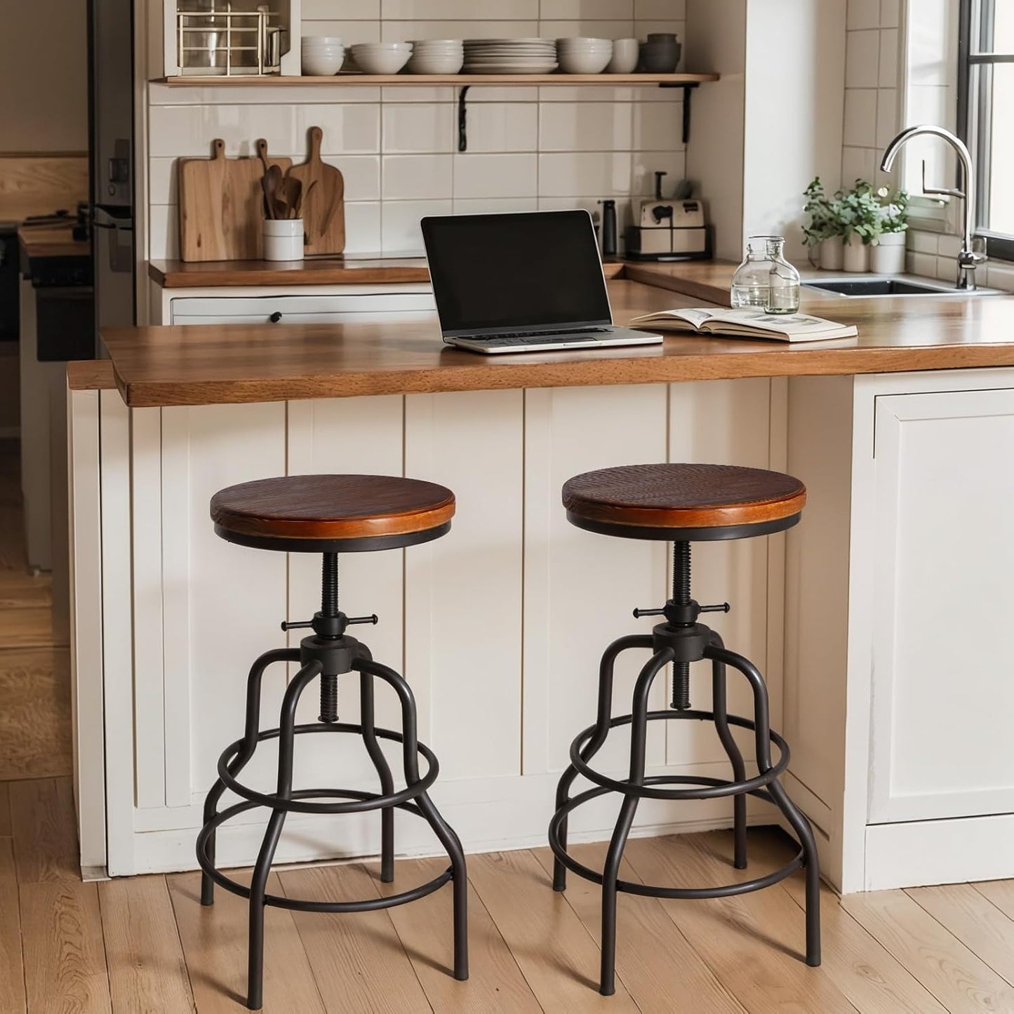 LOKKHAN Vintage Industrial Barstools - 13.8" Dia Round Wooden Brown Seat - Black Metal Base - Adjustable Height: 23.6"-29.5" / Minimalist Design/Raw Rustic Look/Rotating Top Bar Chairs, Set of 2