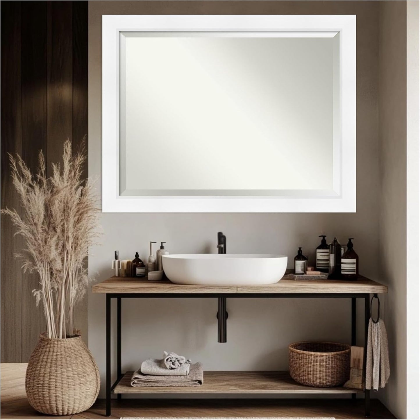 Amanti Art White Bathroom Mirror for Over Sink, 36x46 Sloped White Rectangle Vanity Mirror, X-Large Modern Contemporary Frame, Hangs Horizonally and Vertically, Bathroom Wall Decor, Beveled Edge