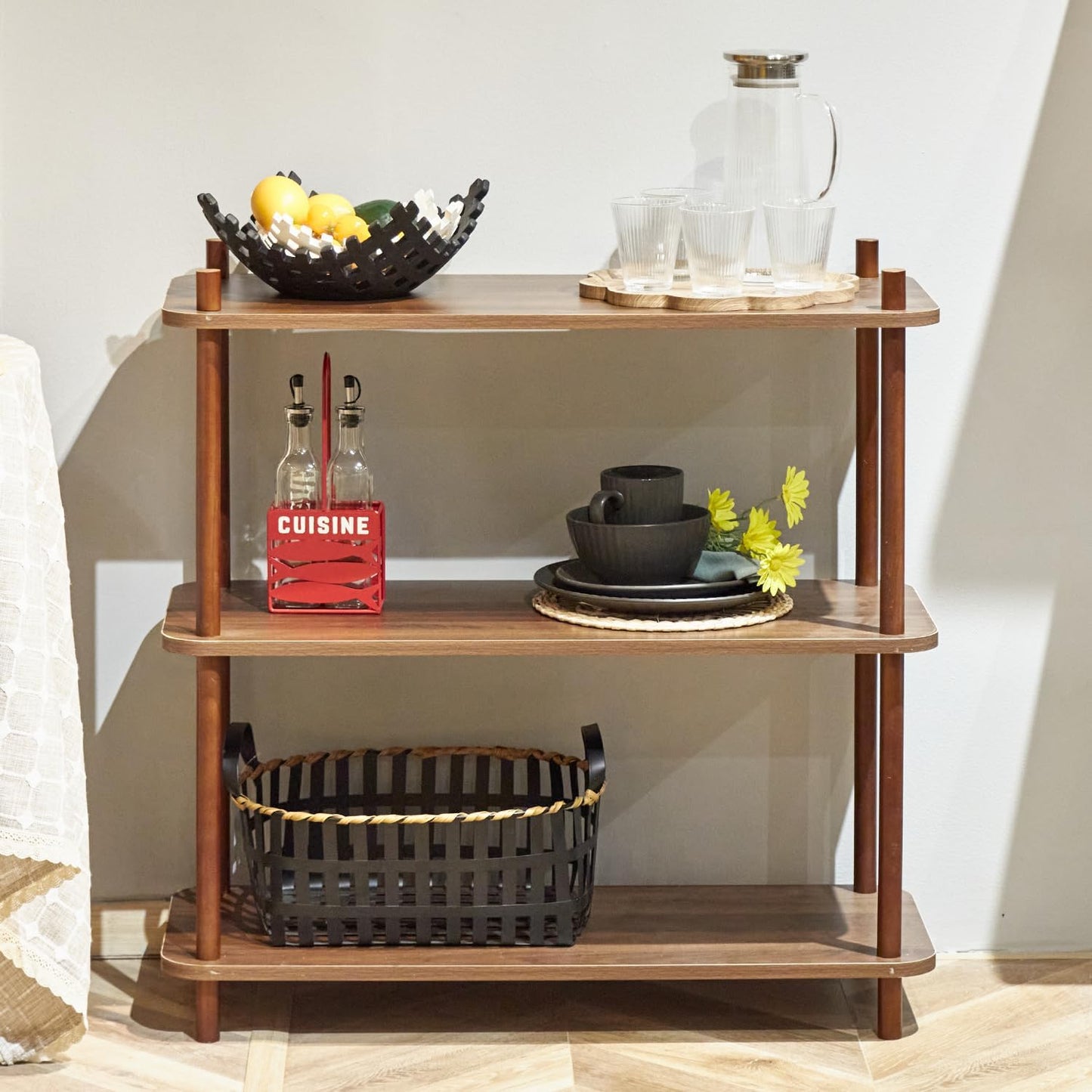 3 Tier Vintage Bookcase with Wood Frame Easy Assemble Construct for Hallway,Entryway Side Table with Storage Shelves Home Office in Living Room (31.5 in)