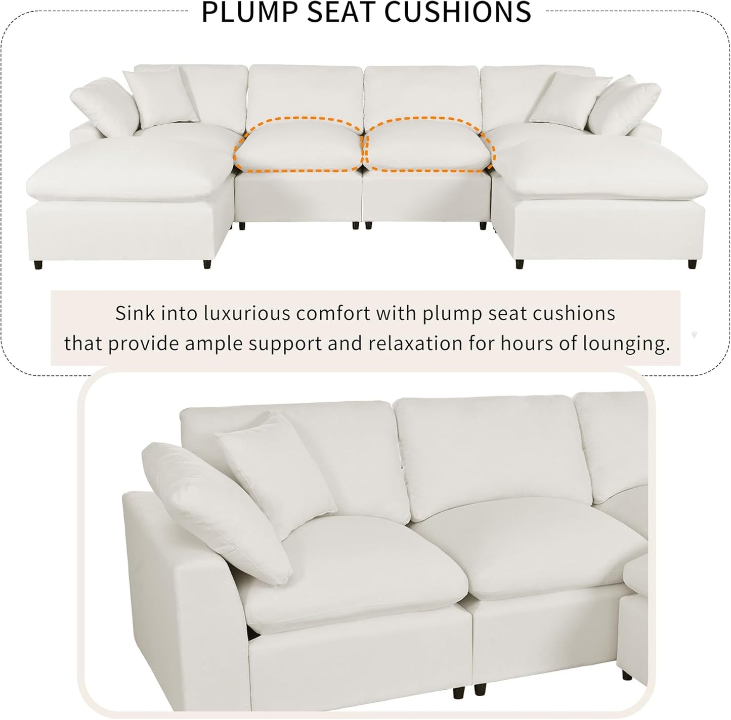 134.4 Inch U-Shaped Oversized Upholstered Sectional Sofa with Removable Ottomans, Large 6 Seater Modular Combination Corner Couch for Living Room, Office, Spacious Space, Beige