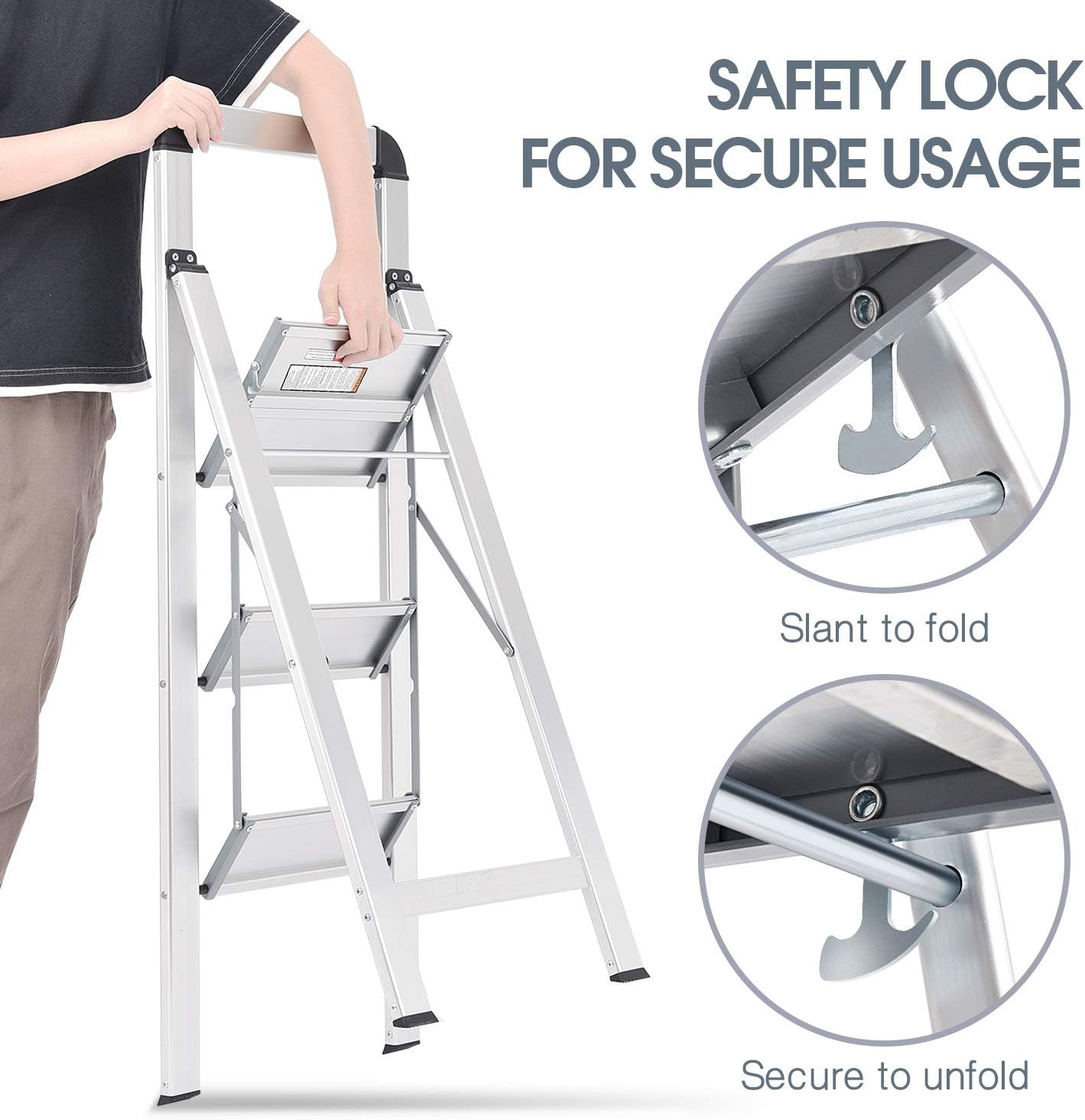 KINGRACK Aluminium 3 Step Ladder, Lightweight Step Stool with Non-Slip Pedals, Handrail, 330 LBS Foldable Step Ladder for Kitchen, Garage, Home, Space Saving, Sturdy and Portable, Silver