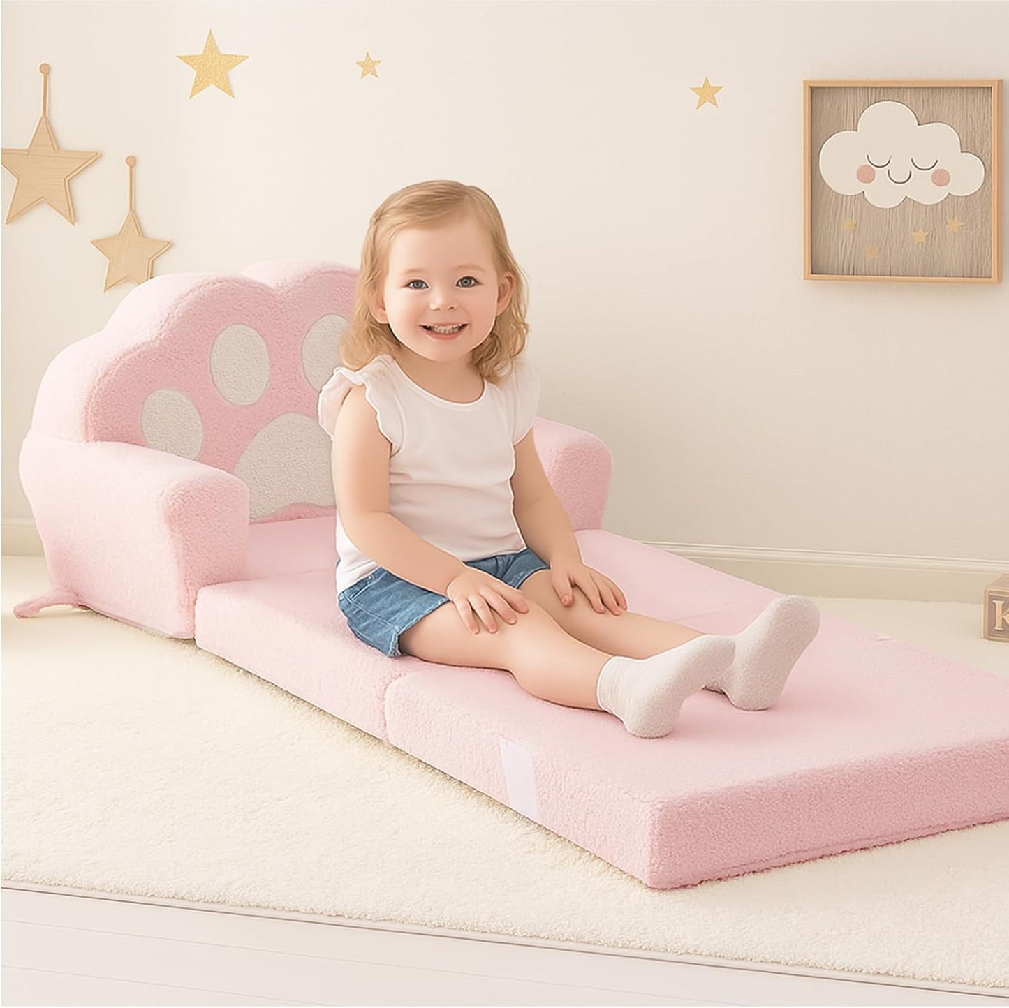 MONKISS Cat Paw Kids Couch, Toddler Chairs Comfy, Toddler Couch Bed Fold Out, Baby Lounge Chair, Birthday Gift for Girls, 1-4 Years Old, SF06, Pink