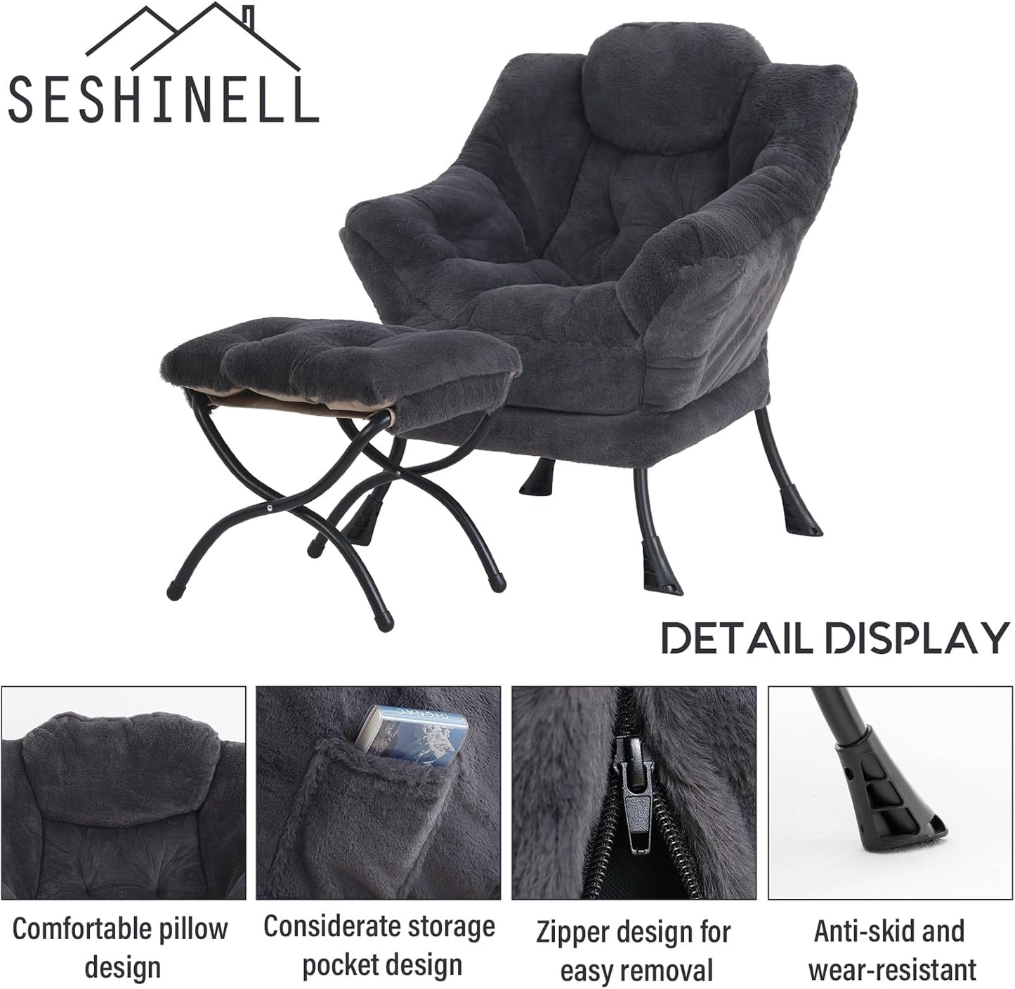 Lazy Chair with Ottoman, Modern Accent Chair Lounge Leisure Sofa Chair with Armrests, Reading Chair and Folding Footstool for Living Room, Bedroom, Office, Plush Navy