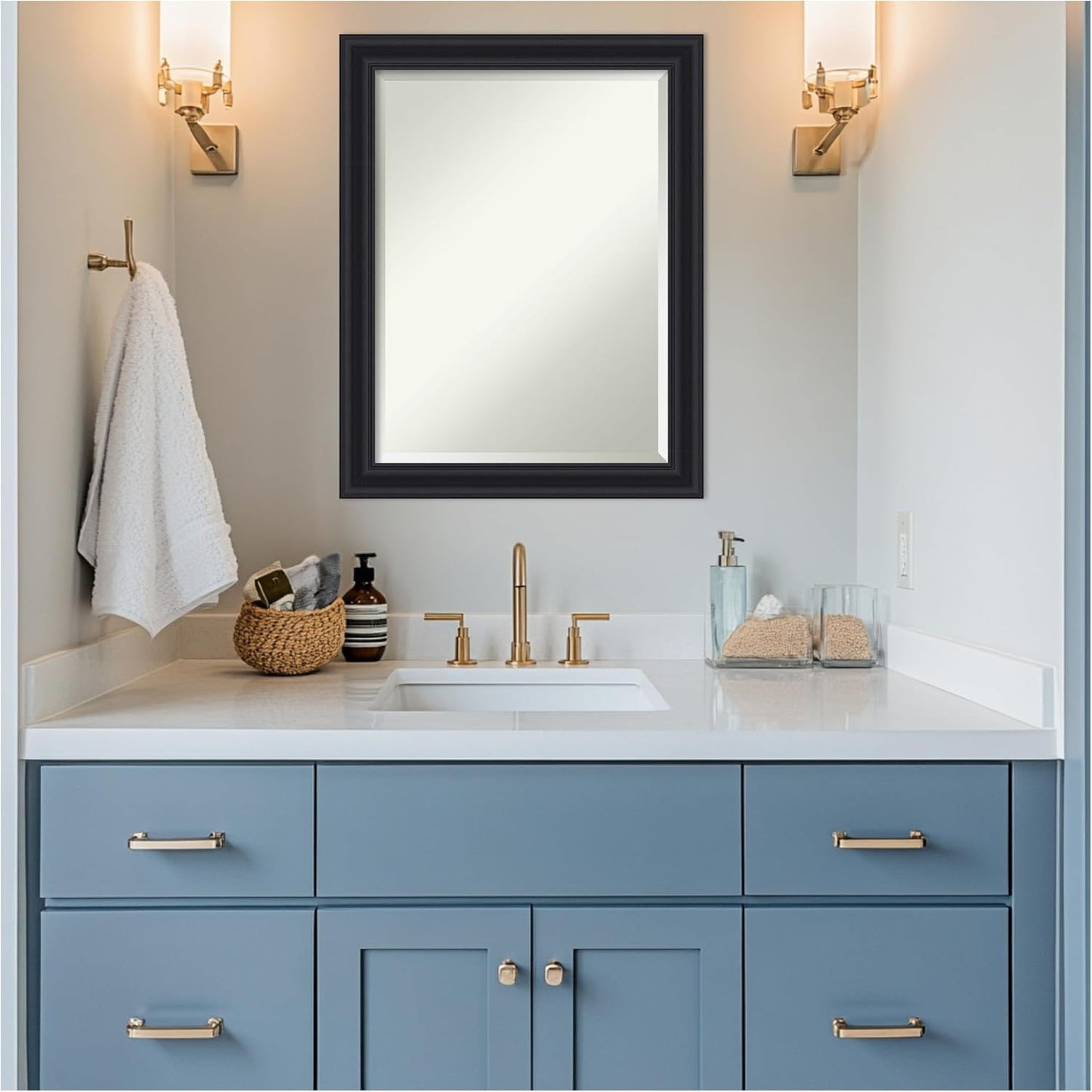 Amanti Art Black Bathroom Mirror for Over Sink, 28x22 Dalat Black Rectangle Vanity Mirror, Medium Traditional Frame, Hangs Horizonally and Vertically, Bathroom Wall Decor, Beveled Edge