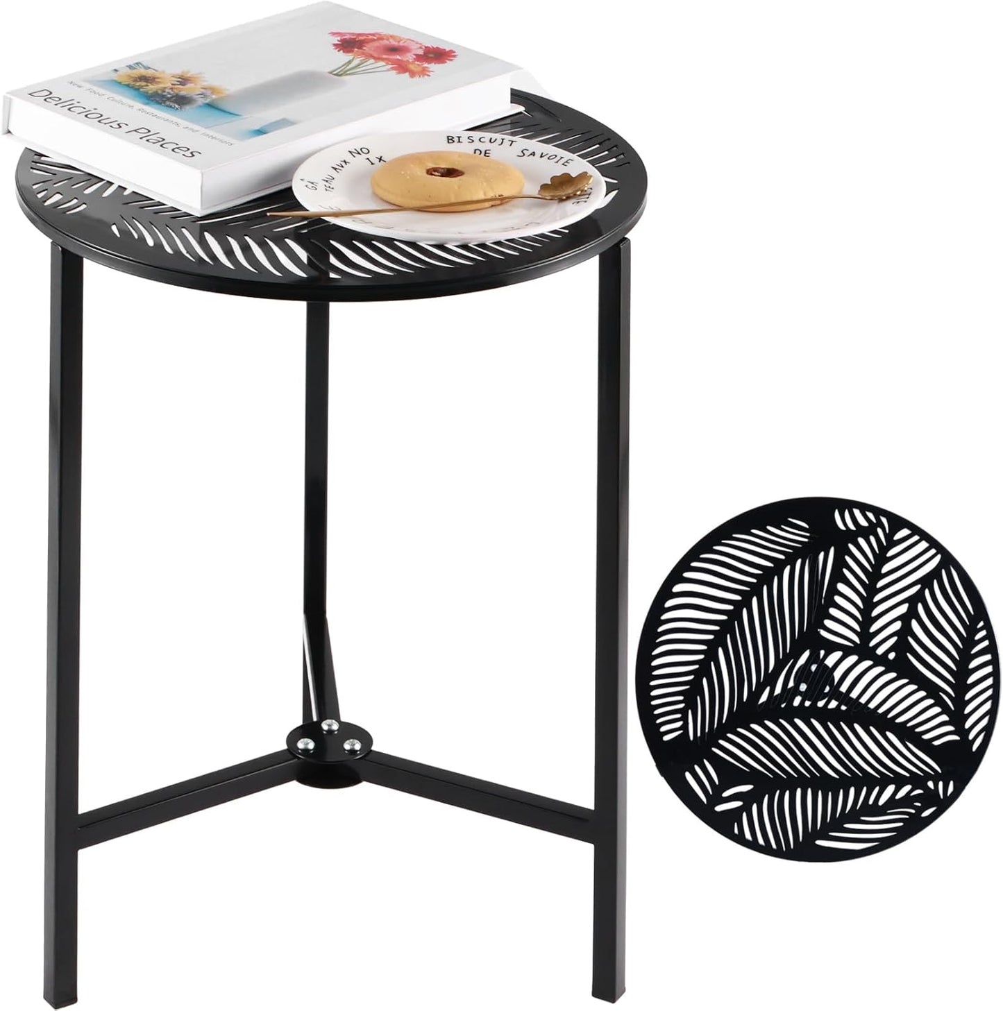 1 Packs 13" Metal Outdoor Side Tables Small Black Outside End Table for Patio Round Accent Corner Stand for Small Spaces Weather-Resistant Coffee Table for Balcony Porch Plant Stand, Tropical Leaves