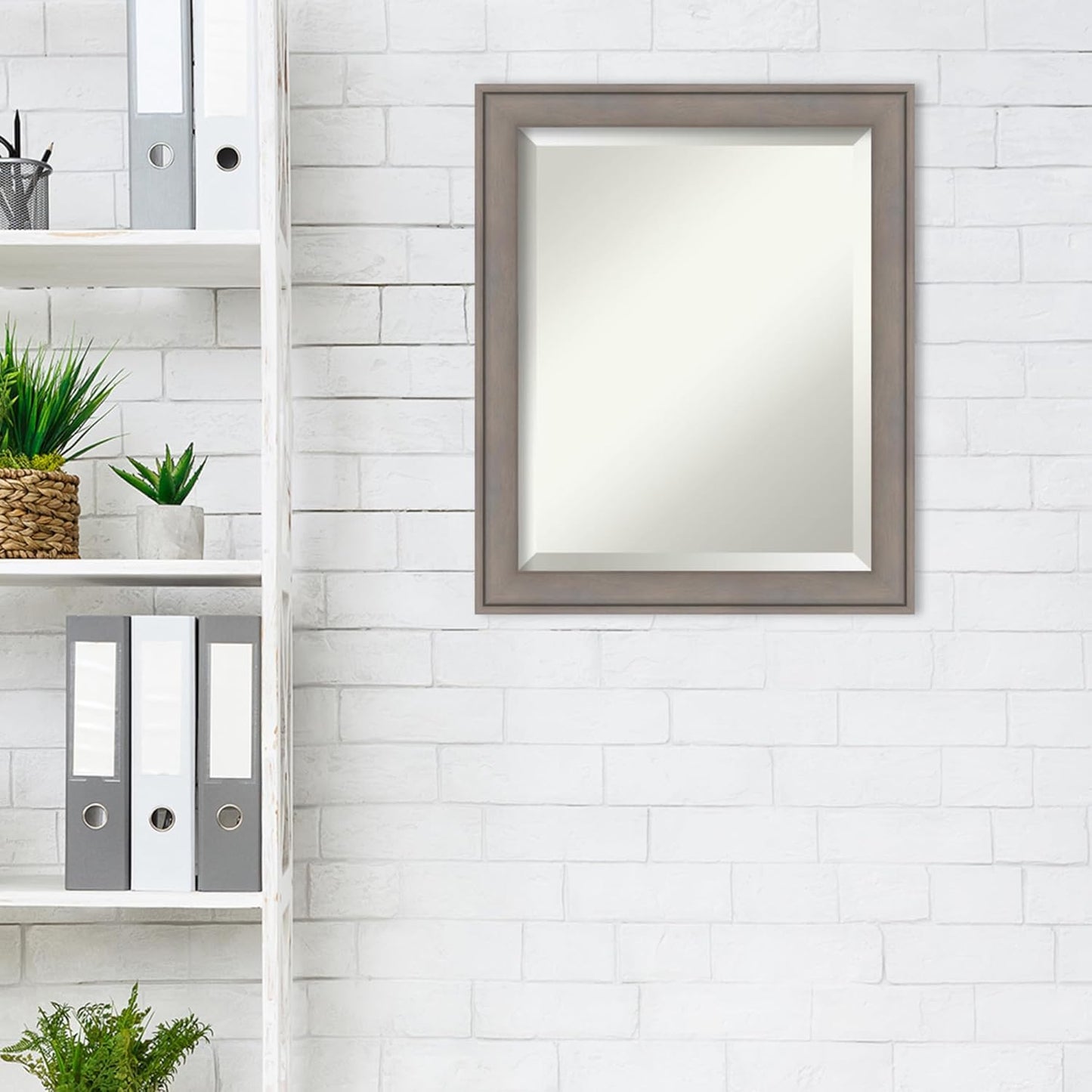 Amanti Art Grey Wall Mirror 24x20 Greywash Rectangle Bathroom Mirror for Wall Decor Living Room, Small Country Rustic Wood Frame, Hangs Horizonally and Vertically, Bathroom Decor, Beveled Edge