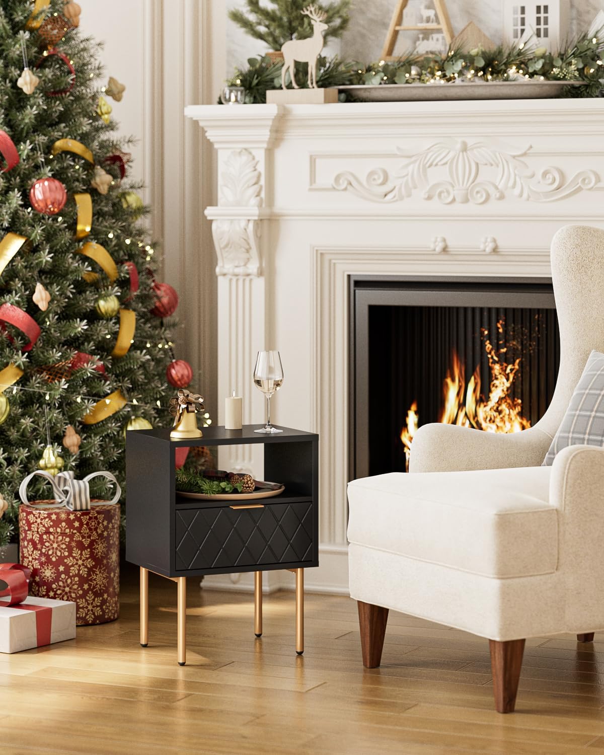 Nightstand,Morden Bedside Table with Gold Frame,Small White Night Stand,End Table,Bedside Furniture,Side Table with Drawer and Shelf for Bedroom,Living Room (1Drawer, Black-Square)