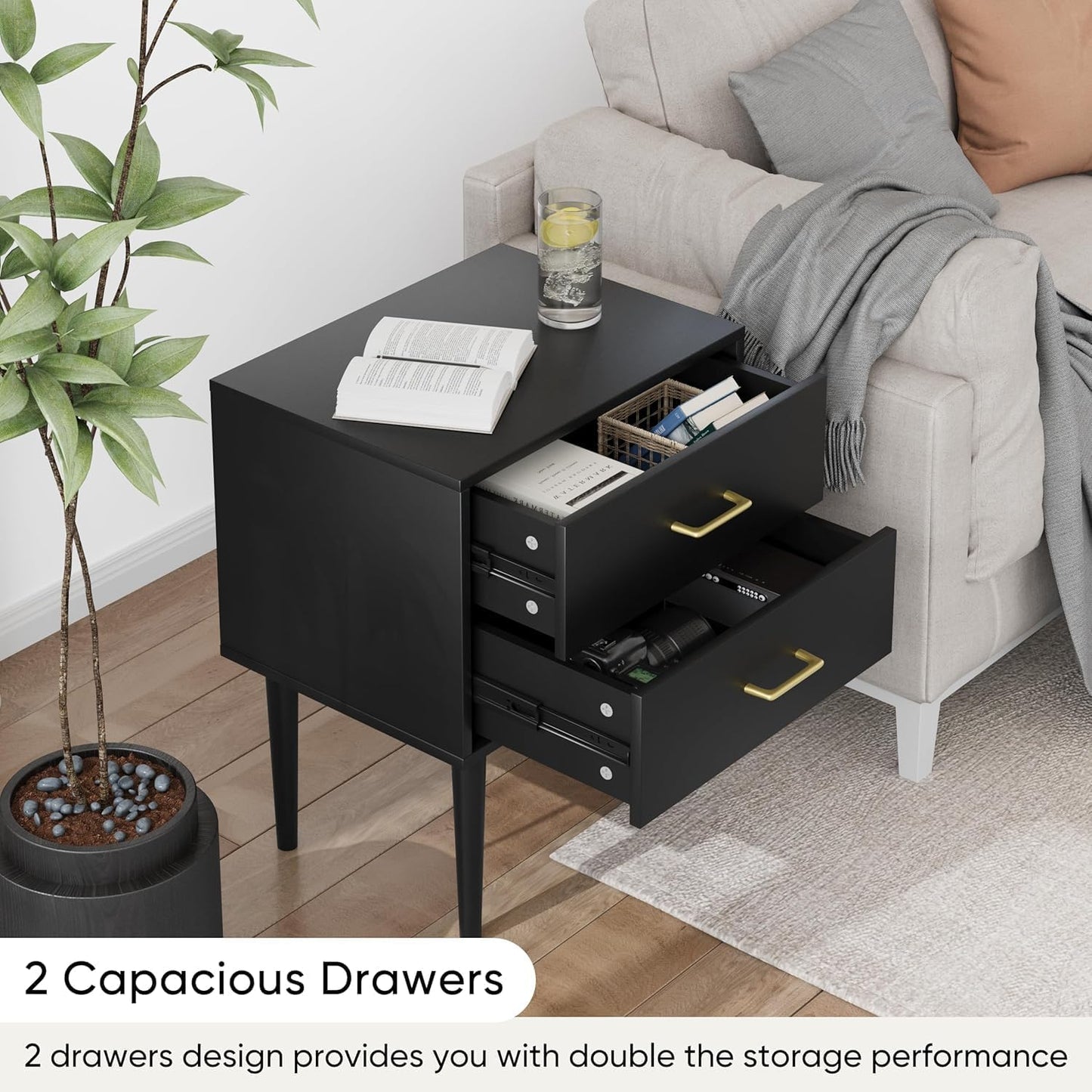 Smart FENDE 26 inch Tall Black Nightstand with 2 Drawers, ModernNight Stand Set of 2, Mid-Century Modern End Table, Wooden Bedside Table with Solid Wood Leg for Bedroom