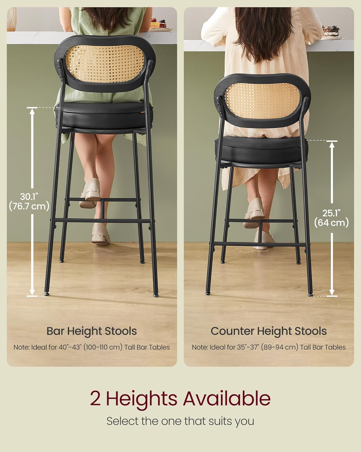 VASAGLE Bar Stools Set of 2, Bar Height Stools with Rattan Back and Metal Legs, 25.1-Inch Tall Counter Chairs, Modern Leather Upholstered Barstools for Kitchen Island Dining Room, Ink Black