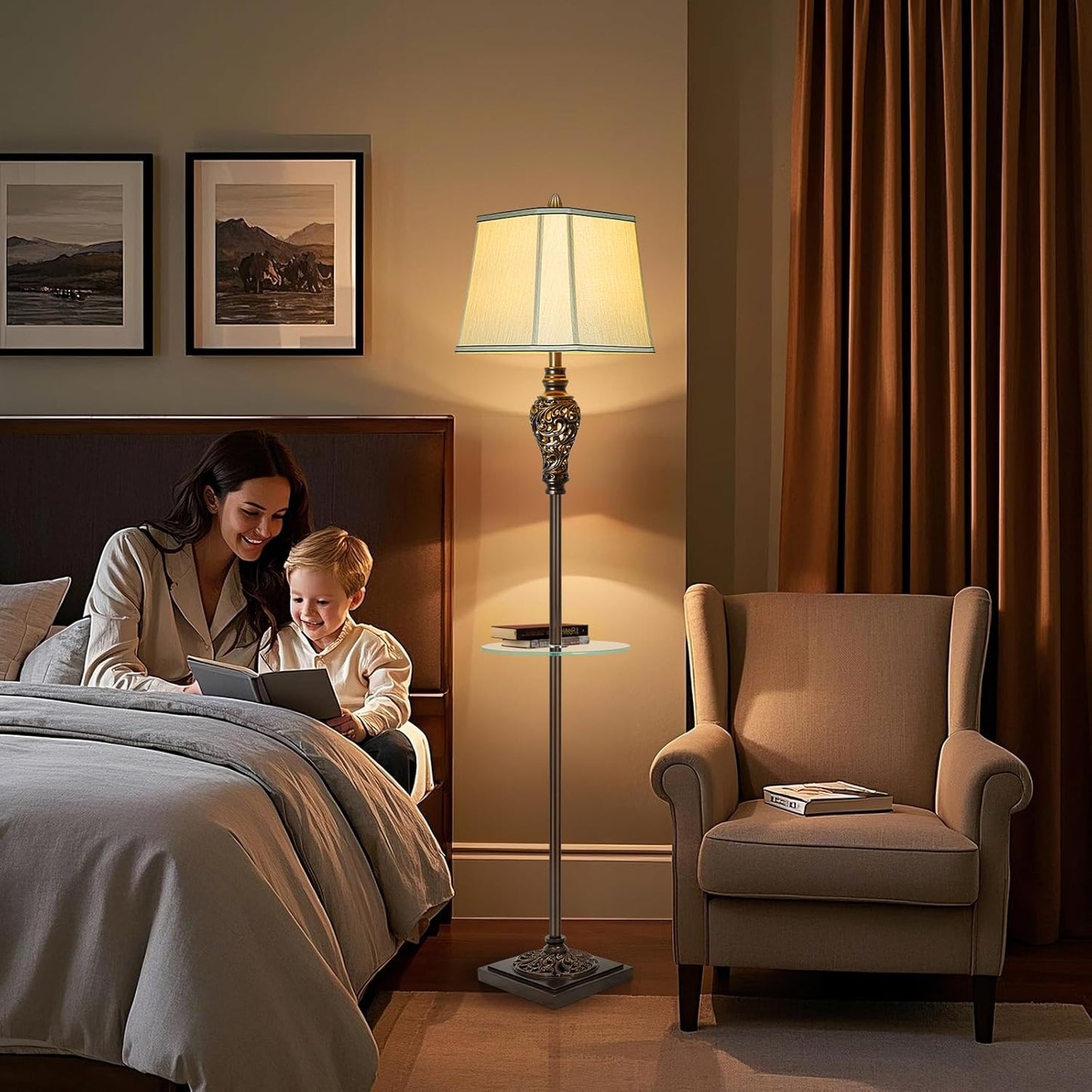 Rustic Floor Lamp for Living Room with Nightlight and Glass Tray, Vintage Standing Lamp with Beige Faux Silk Shade, Farmhouse Tall Lamp for Bedroom Study Home Office Hotel Bar - Brown (Bulb Included)