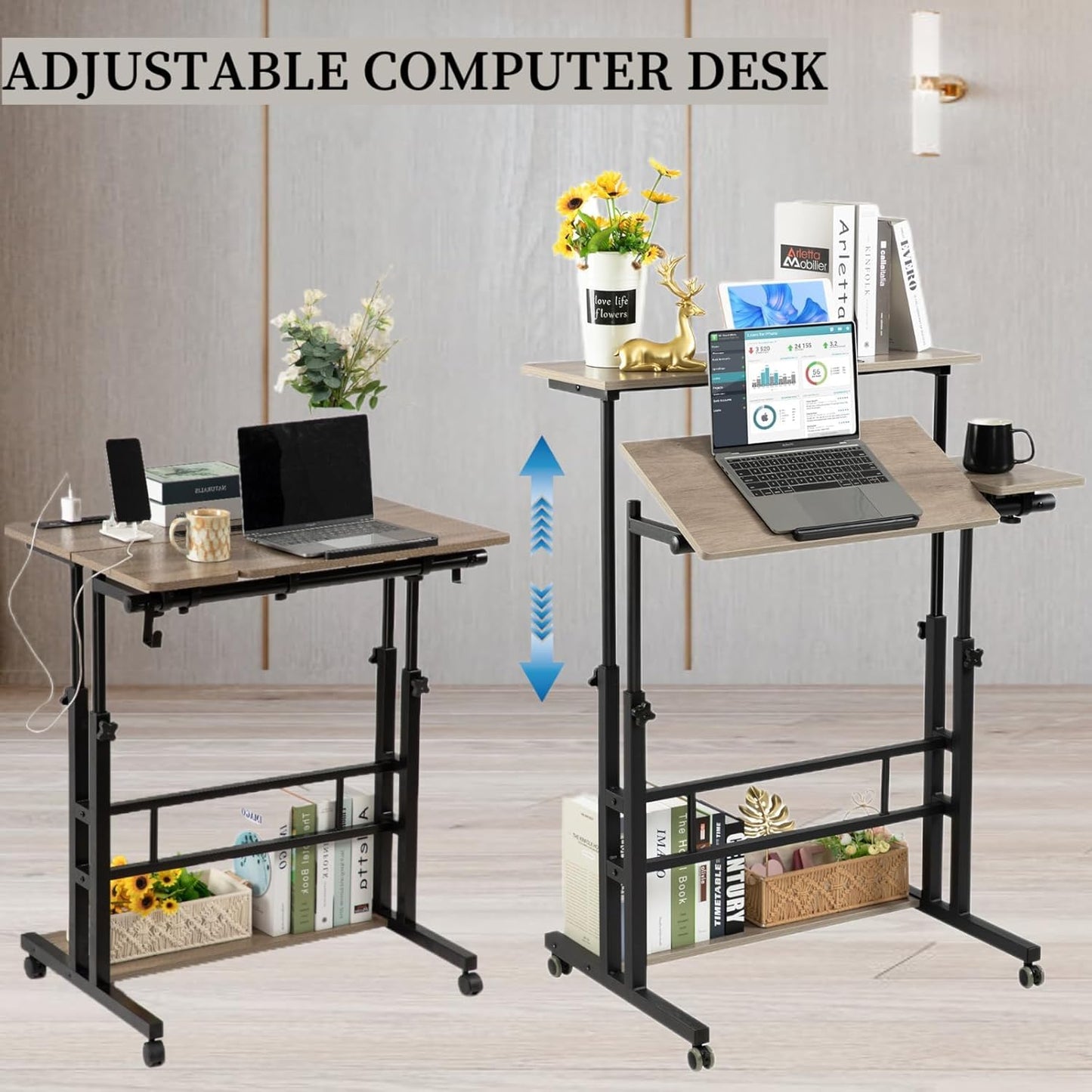 Hadulcet Stand Up Desk, Rolling Desk Adjustable Height, Mobile Standing with Wheels & Charging Station Grey or Rustic Brown