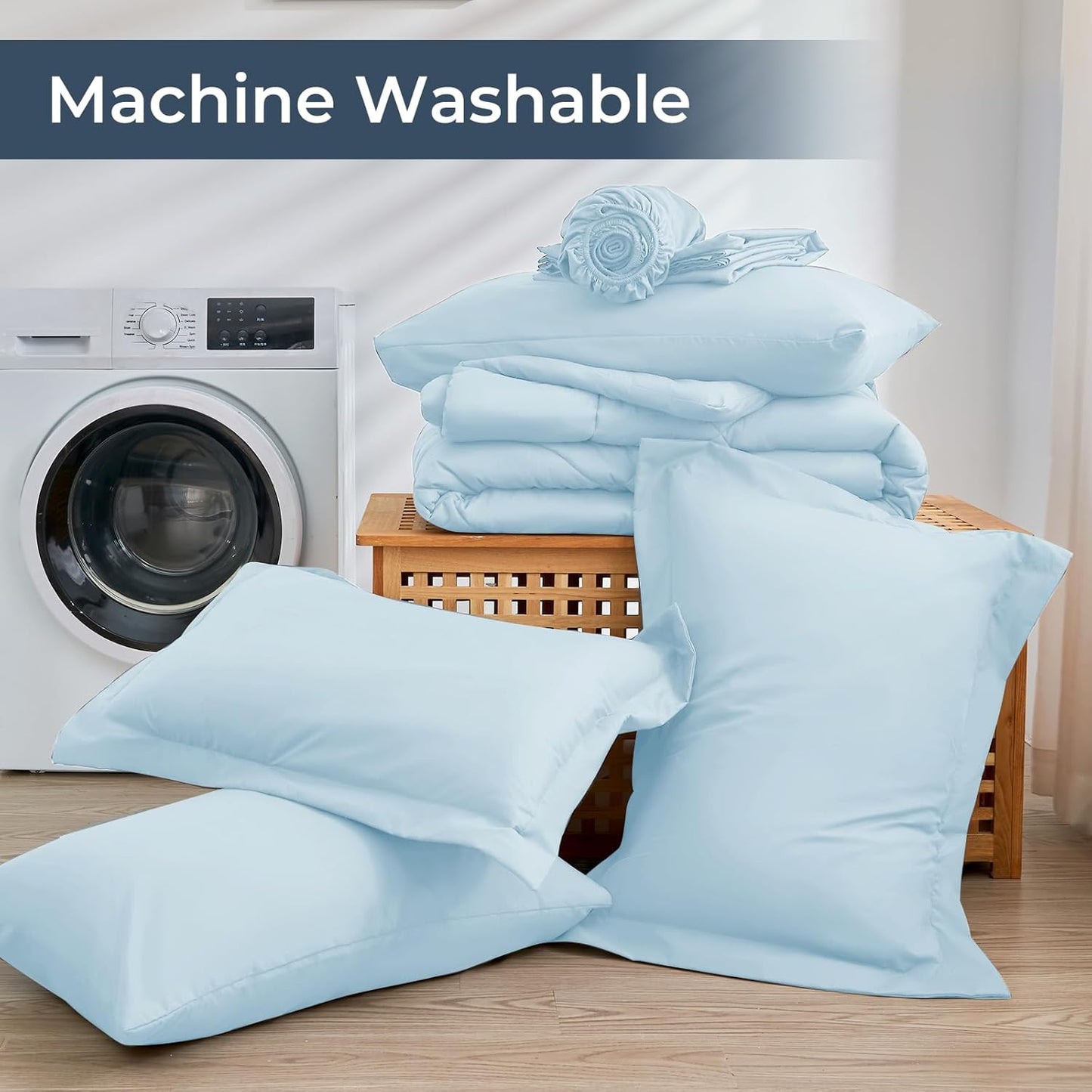 HEVUMYI 7 Pieces Queen Comforter Set, All Season Reversible Bed in a Bag Queen, Ultra Soft Queen Bedding Set with Grey Comforter, Flat Sheet, Fitted Sheet, Pillowcases, Pillow Shams, Greyish Blue