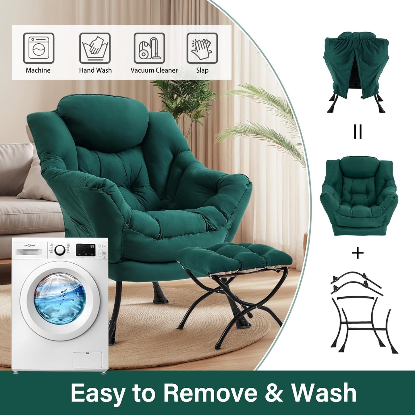 Lazy Chair with Ottoman, Large Modern Lounge Accent Chair with Armrests and Footrest, Reading Armchair with Ottoman, Leisure Sofa Chair for Living Room, Bedroom, Dorm Room(Dark Green