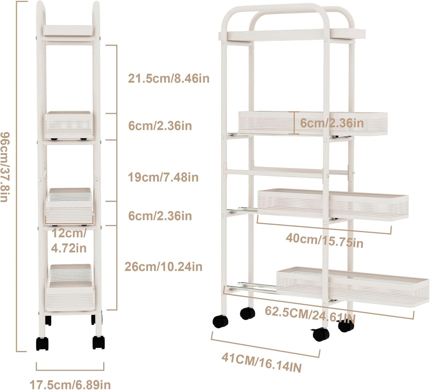 UMDONX Slim Storage Cart 4 Tier with Pull Out Basket Bathroom Organizer Rolling cart, Rolling Utility Cart Slide Out Organizer for Kitchen, Bathroom, Laundry White