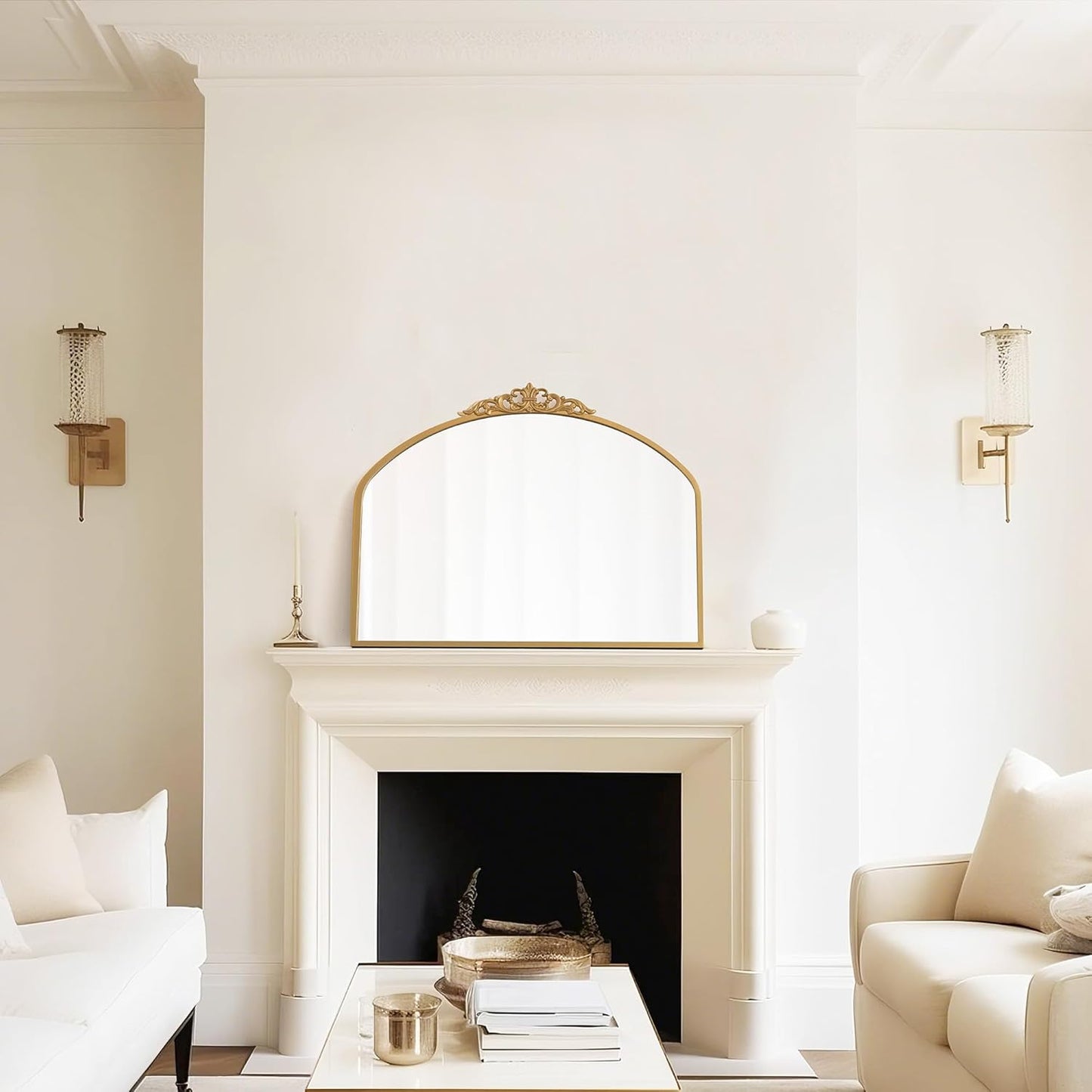 1 Set Vintage Mirror 36x29 Gold Antique Baroque Arched Ornate Traditional Brass Mirror and 8.5x12 Vintage Vanity Makeup Desk Table Mirror for Bathroom Entryway Living Room Hallway Fireplace