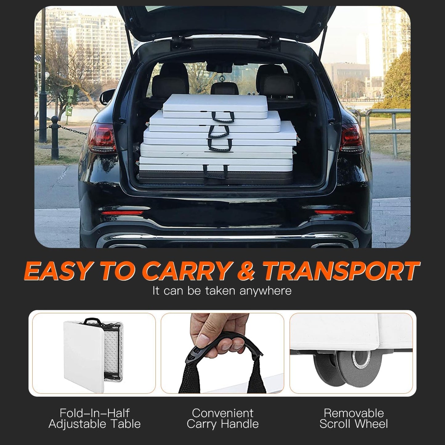 BestOffice 8FT Picnic Table Folding Table Camping Table Plastic Table Fold Up Table Lock for Party Event,White