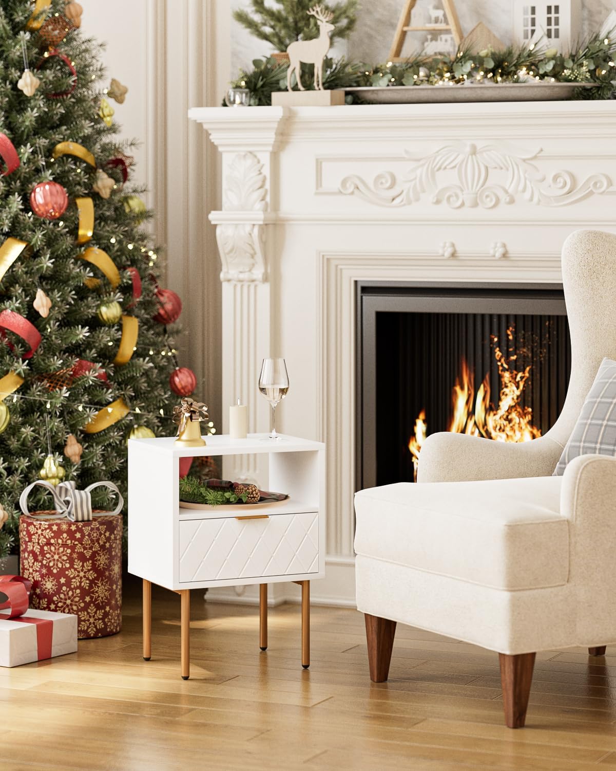 Nightstand,Morden Bedside Table with Gold Frame,Small White Night Stand,End Table,Bedside Furniture,Side Table with Drawer and Shelf for Bedroom,Living Room (1Drawer, White-Square)