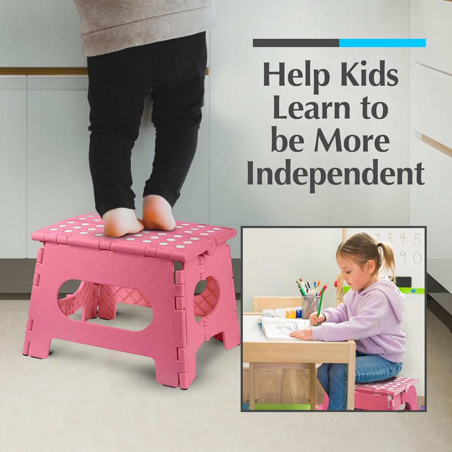 Handy Laundry - Folding Step Stool - Sturdy Enough Collapsible Stool to Support Adults and Safe Enough for Kids - Opens Easy with One Flip - Great for Kitchen, Bathroom or Bedroom (Pink - 9 Inch)