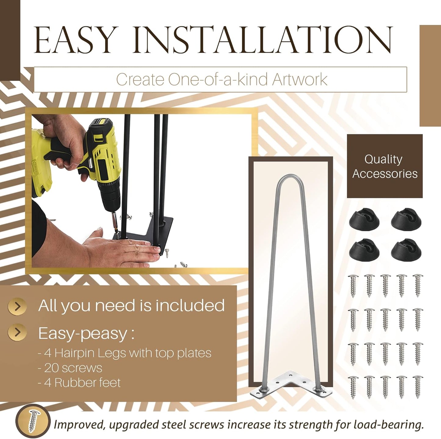 TEN49 Heavy Duty Hairpin Table Leg - 16 Inch Industrial Furniture Legs - Raw Steel Color Solid Rods Metal Leg for Table - Fit for Mid-Century Modern Bed Side, Dressing Table, Nightstand, Chair Legs