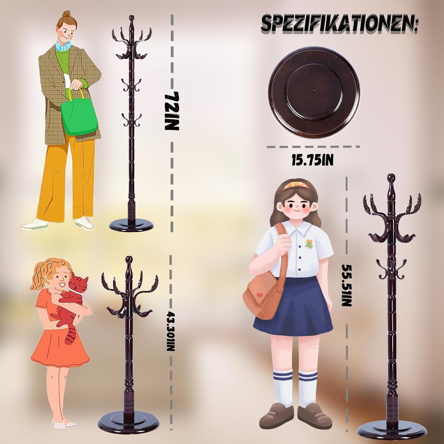 72 in Wood Coat Rack, Coat Rack Freestanding with Stable Round Base, Adjustable Height Tree Coat Racks Stand for Home Bedroom Office Hallway Entryway (Solid Wood Fenghuang Gou)