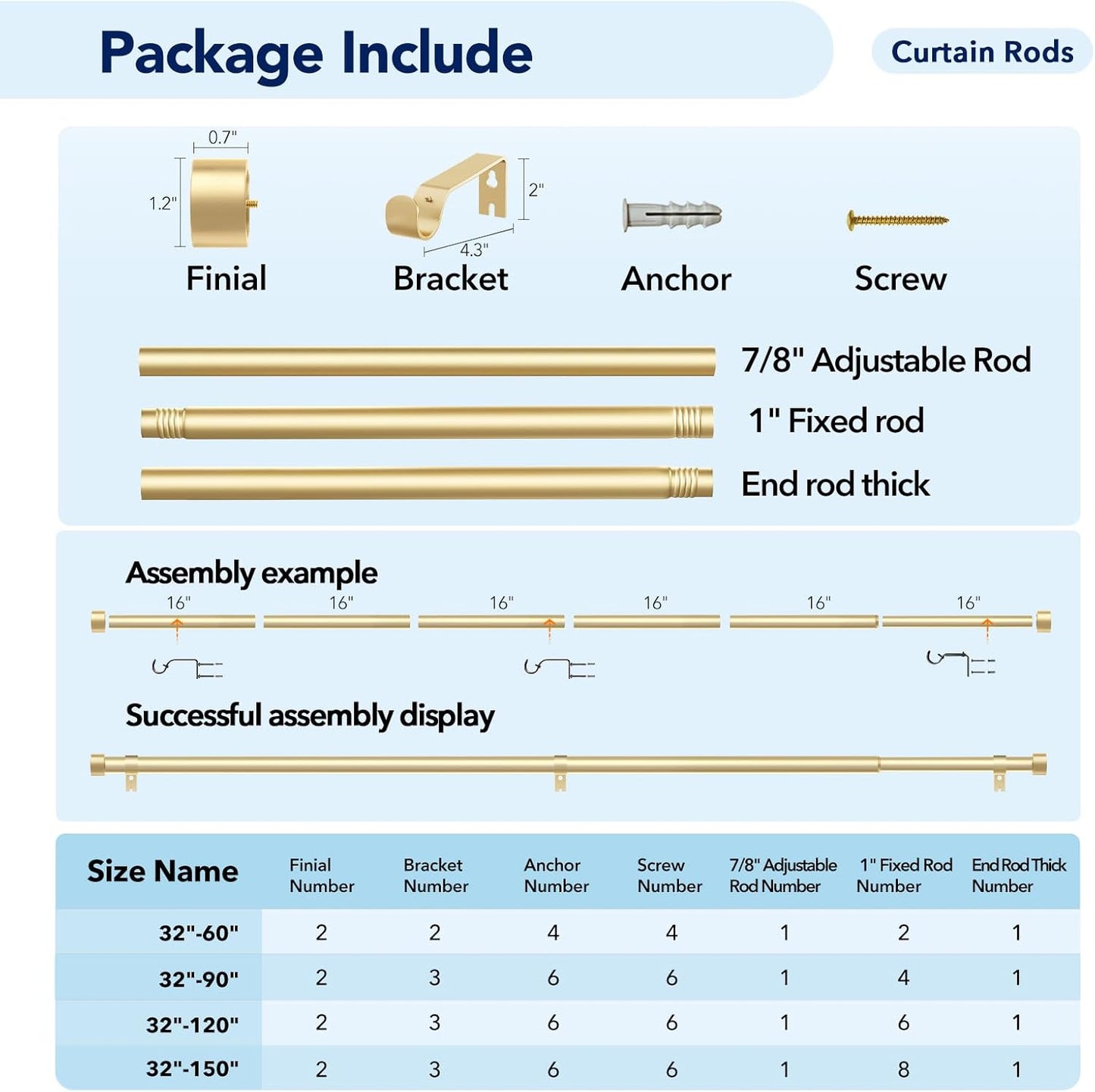 2 Pack Curtain Rods for Windows 28 to 48 Inch(2.3-4ft), 1 Inch Gold Curtain Rods Set, Adjustable Heavy Duty Curtain Rod for Patio Bedroom Living Room, Modern Drapery Rods, Size 32"- 60"