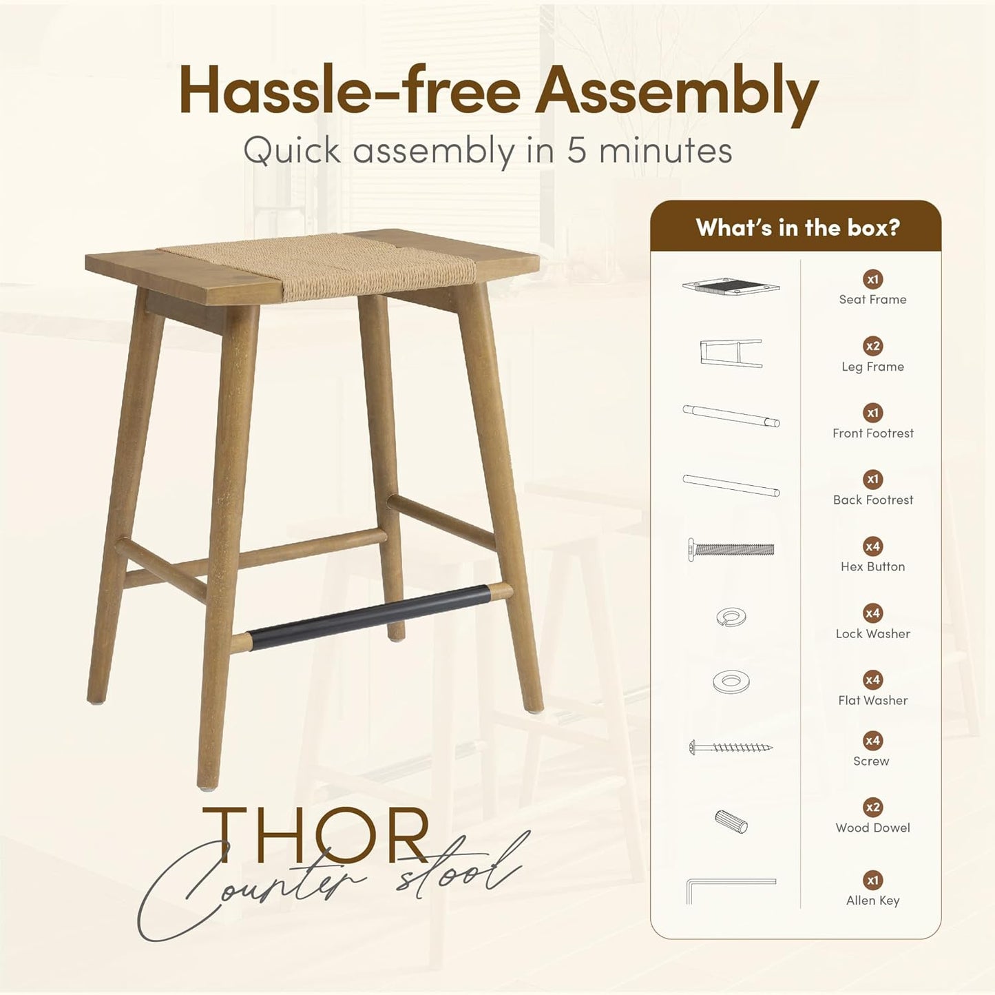 Thor Wicker Counter Height Wooden Counter Stool with Hand-Knitted Rope, K/D, Backless Island 24" Wicker Stool for Kitchen, Solid Wood, Eco-Friendly, Modern Design (Light Brown)