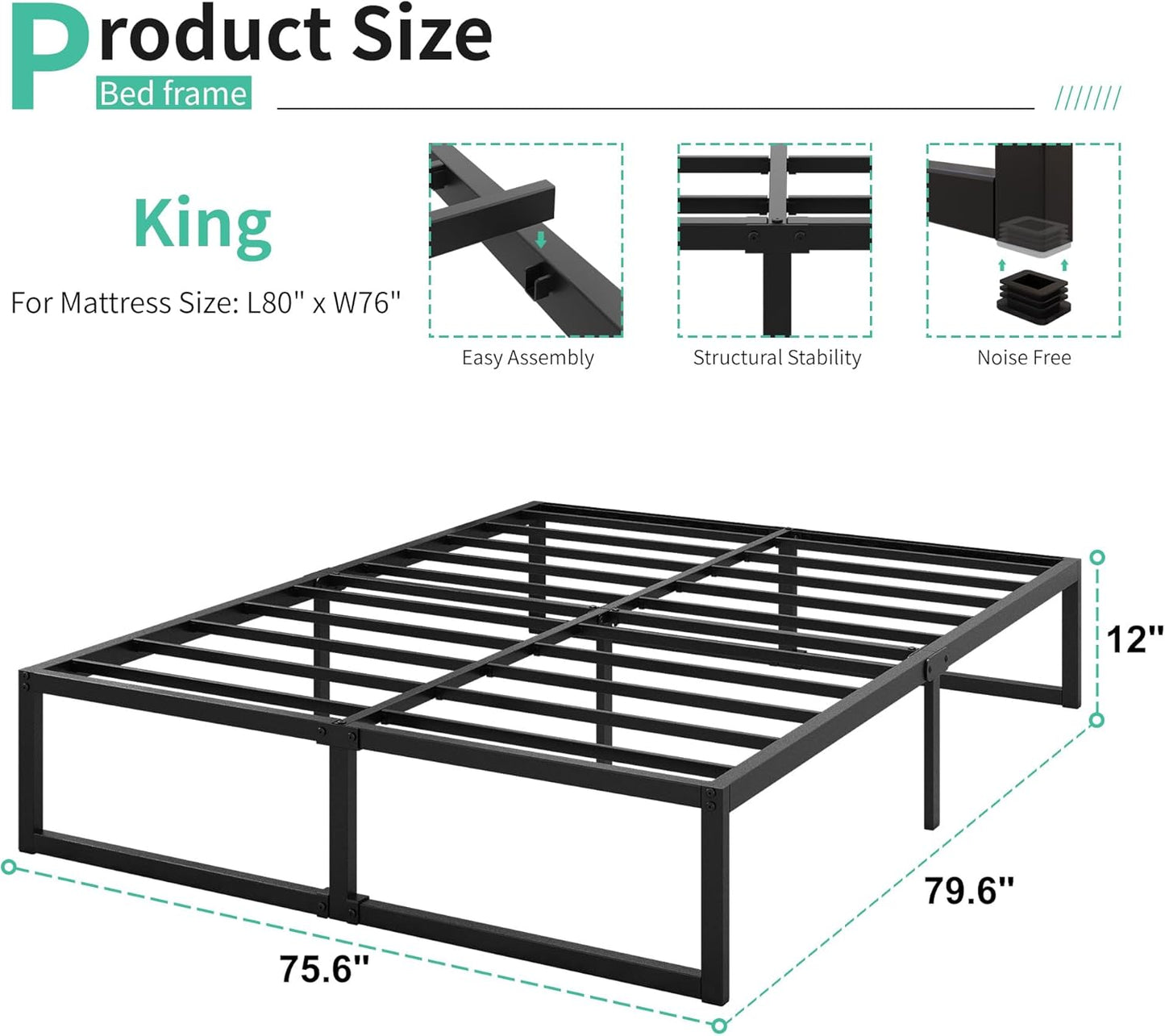 12 Inch King Size Bed Frame Sturdy Mattress Foundation, Heavy Duty Metal Platform with Steel Slats Support No Box Spring Needed, Noise Free, Easy Assembly, Black