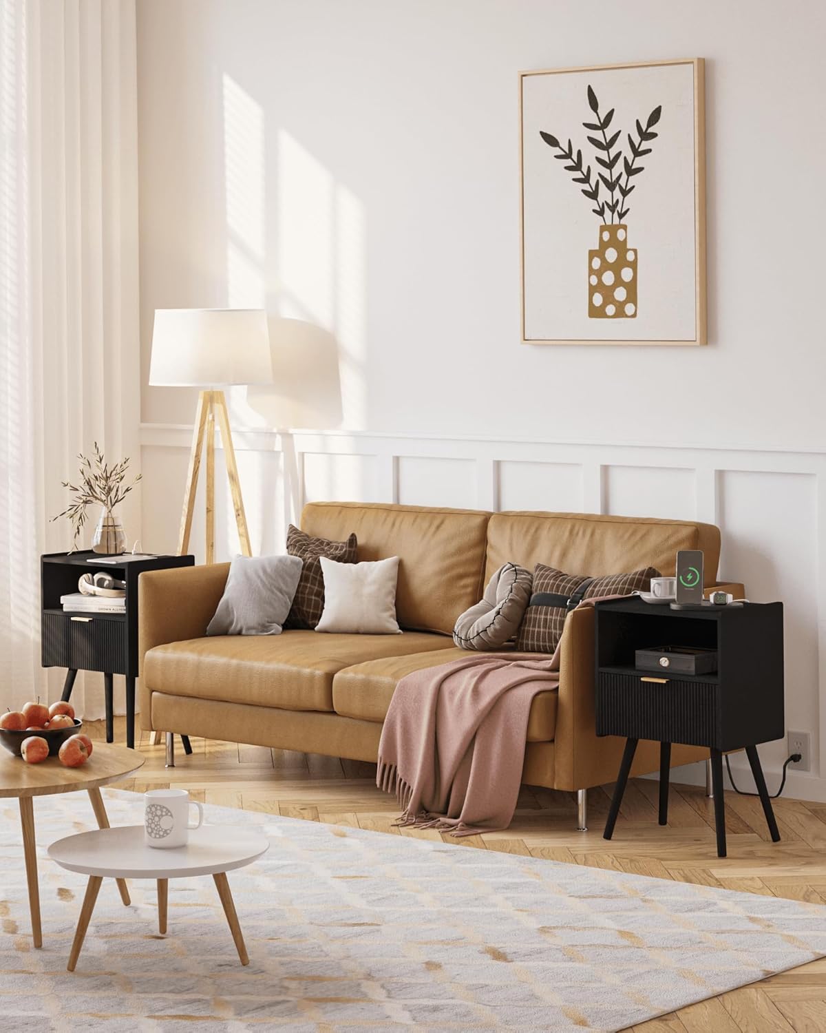 Black Nightstand with Outlet,Modern Bedside Table with Storage Drawer and Open Wood Shelf, for Living Room, Bedroom and Small Spaces, Accent Night Stand with Solid Wood Legs, Easy Assembly