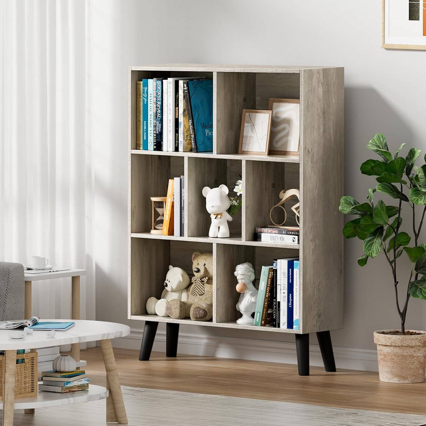 LEYAOYAO 7 Cube Bookshelf, 3 Tier Modern Bookcase with Legs, Mid-Century Modern Wood Book Shelves Storage, Retro Grey Book Case, Freestanding Organizer Display Shelf for Bedroom,Living Room,Office