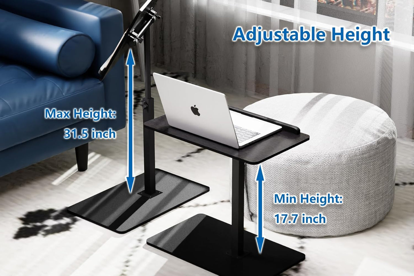 C Shaped End Table,20" W x 14" L,17"-31" Adjustable Height,Swivel and Turnable Desktop,Foldable Side Table for Small Spaces,Black Walnut (Black, 19.7" x 13.8")