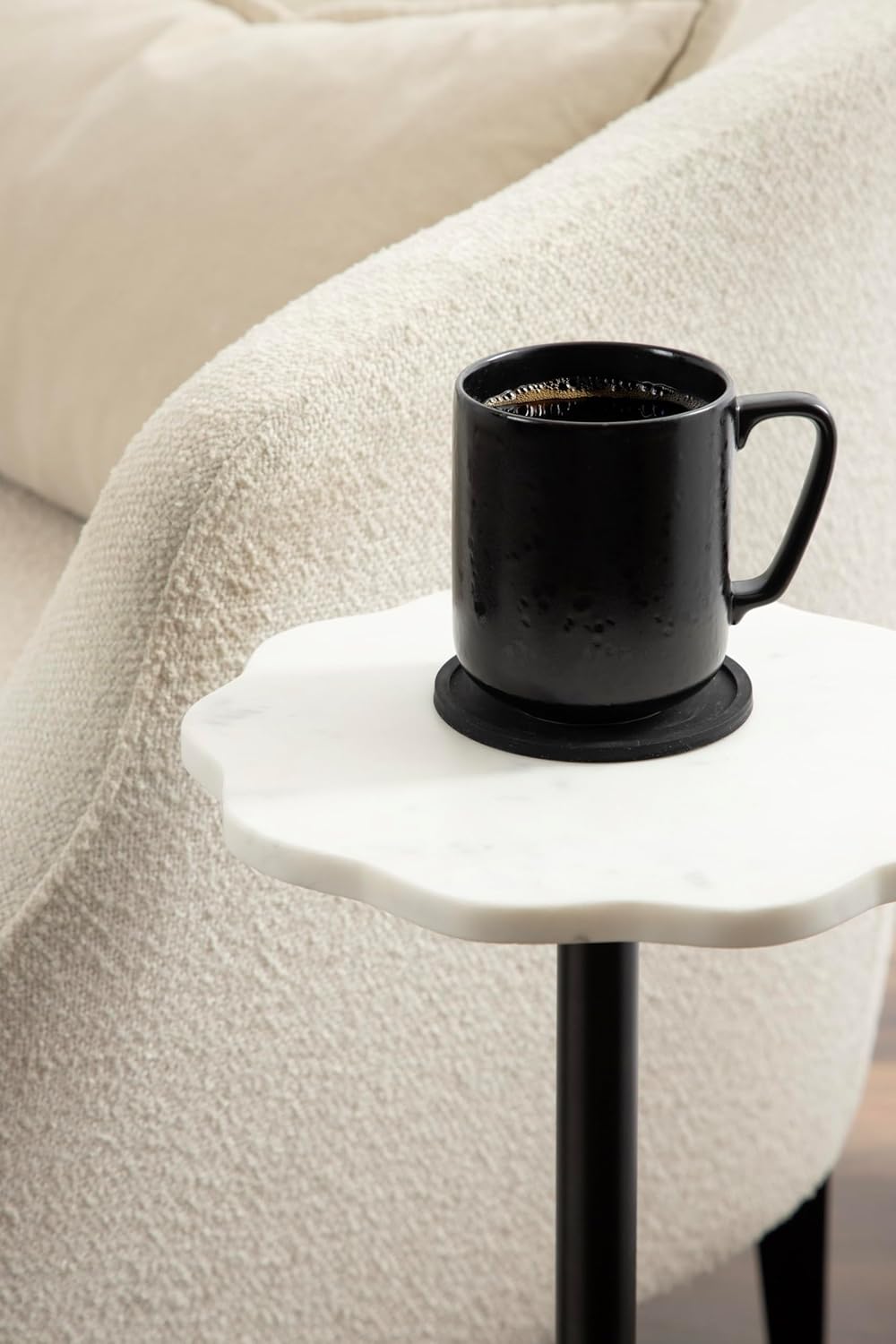 Kate and Laurel Sanzo Modern Pedestal Drink Table, 10 x 10 x 23, White Marble and Black, Decorative End Table with Scalloped Marble Tabletop for Use as Small Plant Stand or Cute Martini Table