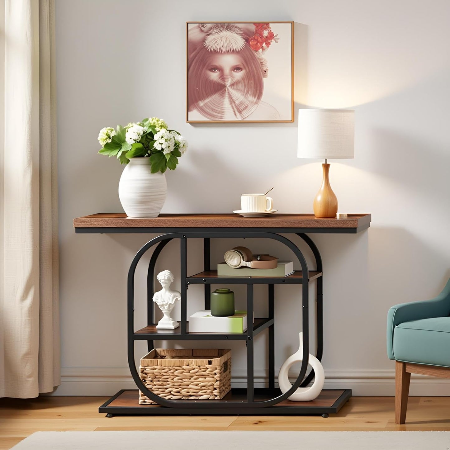 HOOBRO 43.3" Console Table, 4-Tier Sofa Table, Industrial Entryway Table, Behind Couch Table, Accent Table with Storage Shelf for Entryway, Foyer, Living Room, Bedroom, Hallway, Rustic Brown BF65XG01