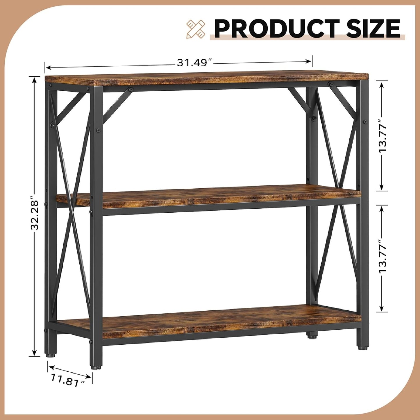 Homeiju Console Table 31.5" Width, 3-Tier Entryway Table with Storage, Industrial Sofa Table with Open Shelves, Foyer Tables for Entryway, Hallway, Kitchen, Living Room and Bedroom, Rustic Brown
