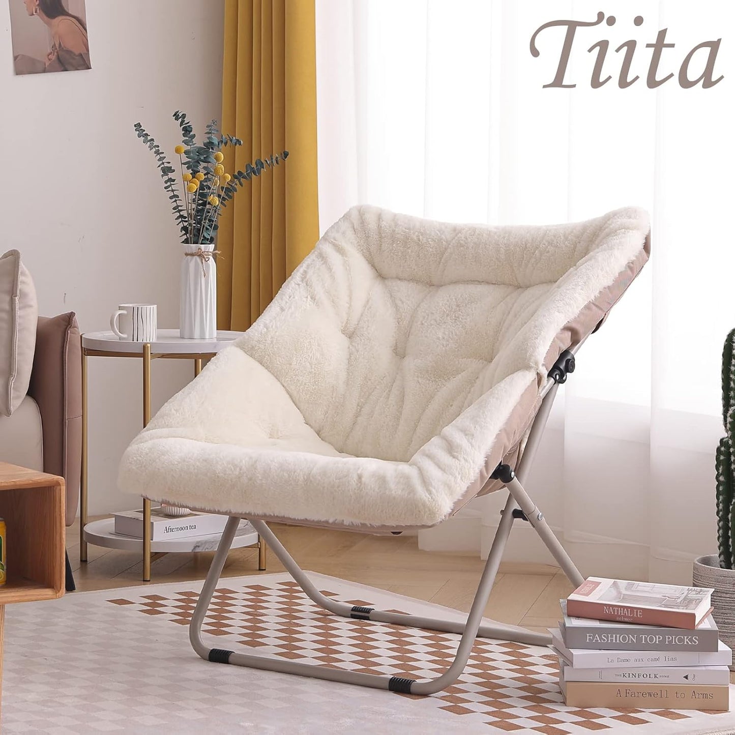Tiita Comfy Folded Chair, Soft Faux Fur Oversized Folding Accent Chair, Lounge Lazy Chair for Kids Teens Adults, Metal Frame Moon Chair for Bedroom, Living Room, Dorm Rooms