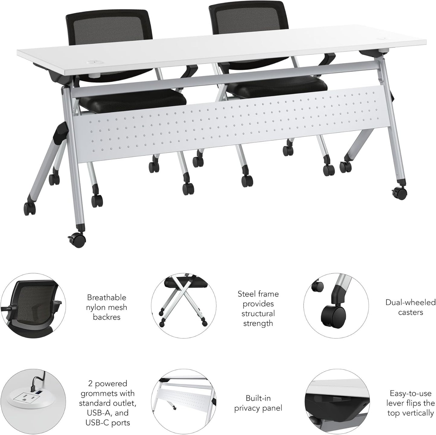 Bush Business Furniture Folding Training Table Set for 2, 72 inch Desk with Powered Grommets and 2 Chairs with Arms, Commercial-Grade Bundle for Office or Classroom, Envision Collection, White