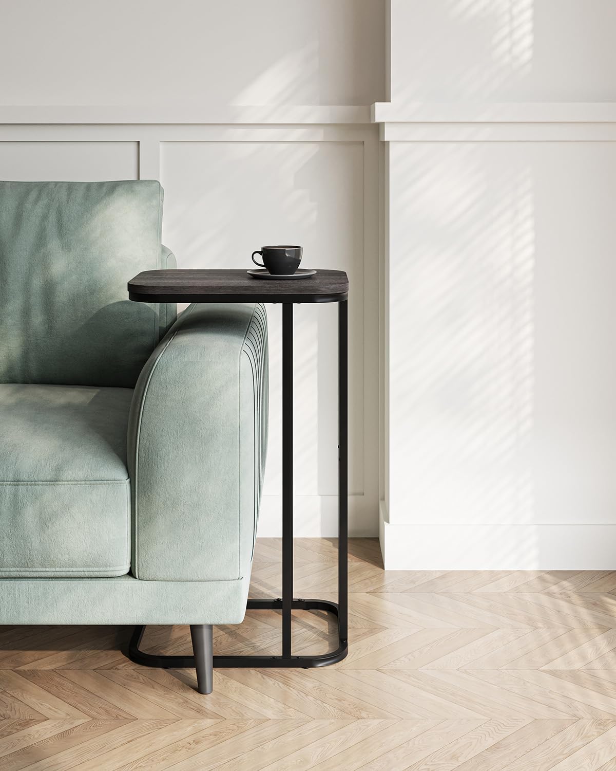 C Shaped End Table, 27 Inches High Small Side Table for Sofa and Bed, Couch Table That Slides Under, Tall Tv Tray Table for Living Room, Bedroom, Metal Frame, Black Oak