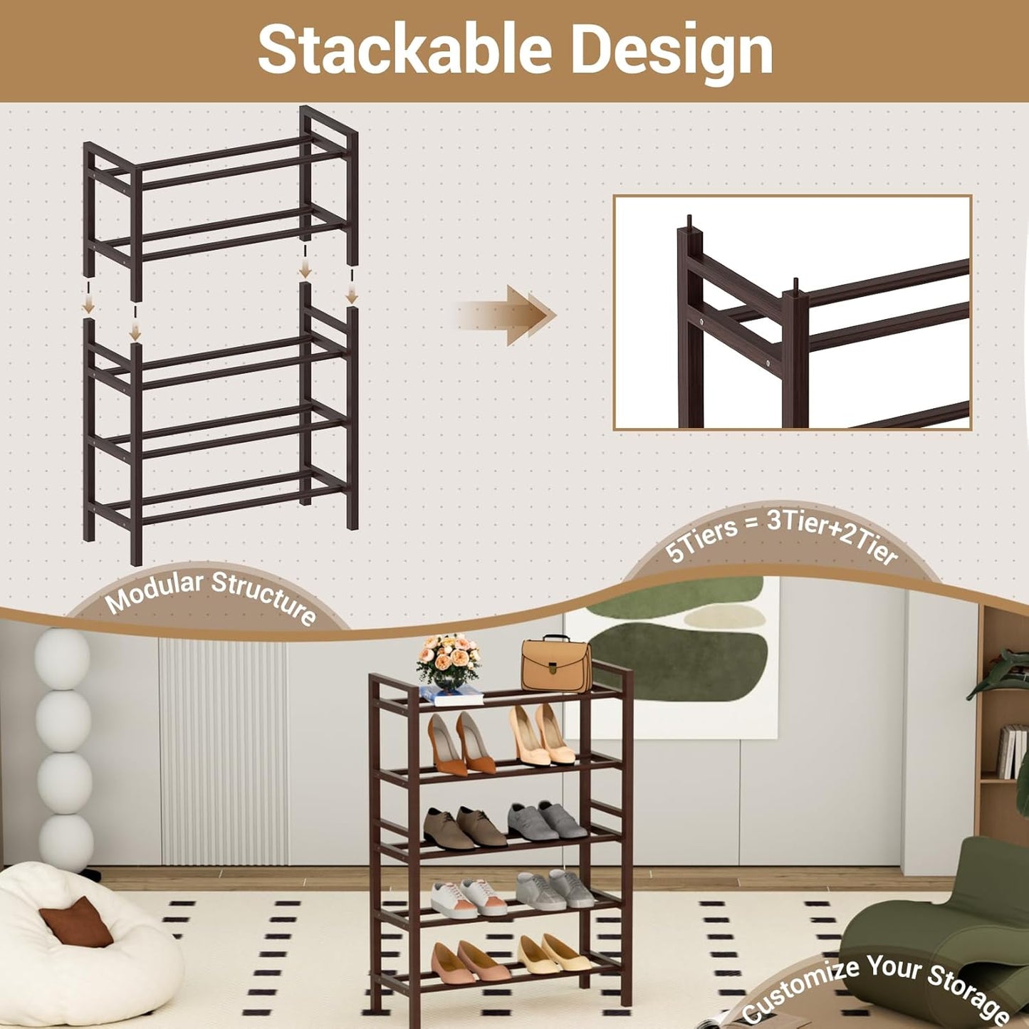Haddockway Bamboo Shoe Rack for Closet, Free Standing Shoe Organizer with Smooth Round Rods & Convenient Handles, Stackable Shoe Storage Shelf for Entryway, Hallway(Brown, 5-Tier)