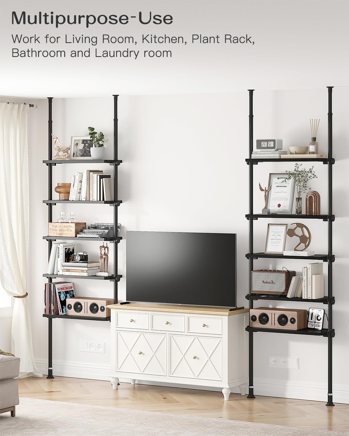 ALLZONE 5 Tiers Narrow Bookshelf, Tall Adjustable Ladder Book Shelf with Open Storage, Floor to Ceiling Tension Mount, Wooden Industrial Bookcase for Living Room, 92 to 116 Inch, Black