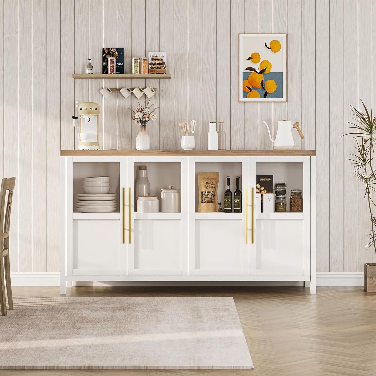 GarveeHome Sideboard Buffet Cabinet with 4 Glass Doors, 55" Buffet Table Coffee Bar Wine Bar Display Cabinet for Kitchen Dining Room, Living Room (White, Glass with 4 Doors)