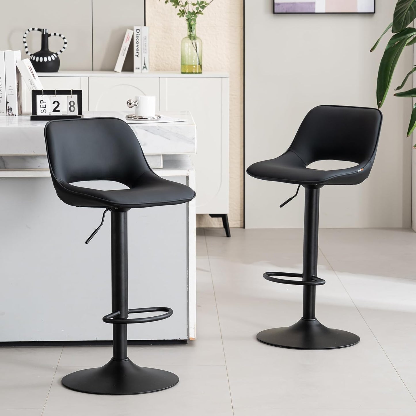 YOUNIKE Black Bar Stools Set of 2 Compact Modern Swivel Barstools, Adjustable Counter Height Bar Stools Faux Leather Upholstered Bar Stool with Hollow Back for Kitchen Island