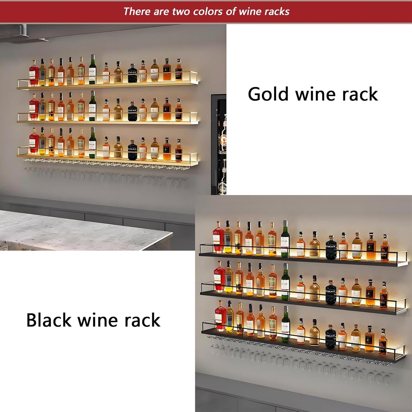 Wall-Mounted Metal Wine Rack with LED Lights 3-Tier Floating Bar Shelves with Wine Glass Rack Large Wine Bottle Display Rack Hanging Shelf, for Home Bar Dining Room Decorative (Black, 100cm/39.3in)