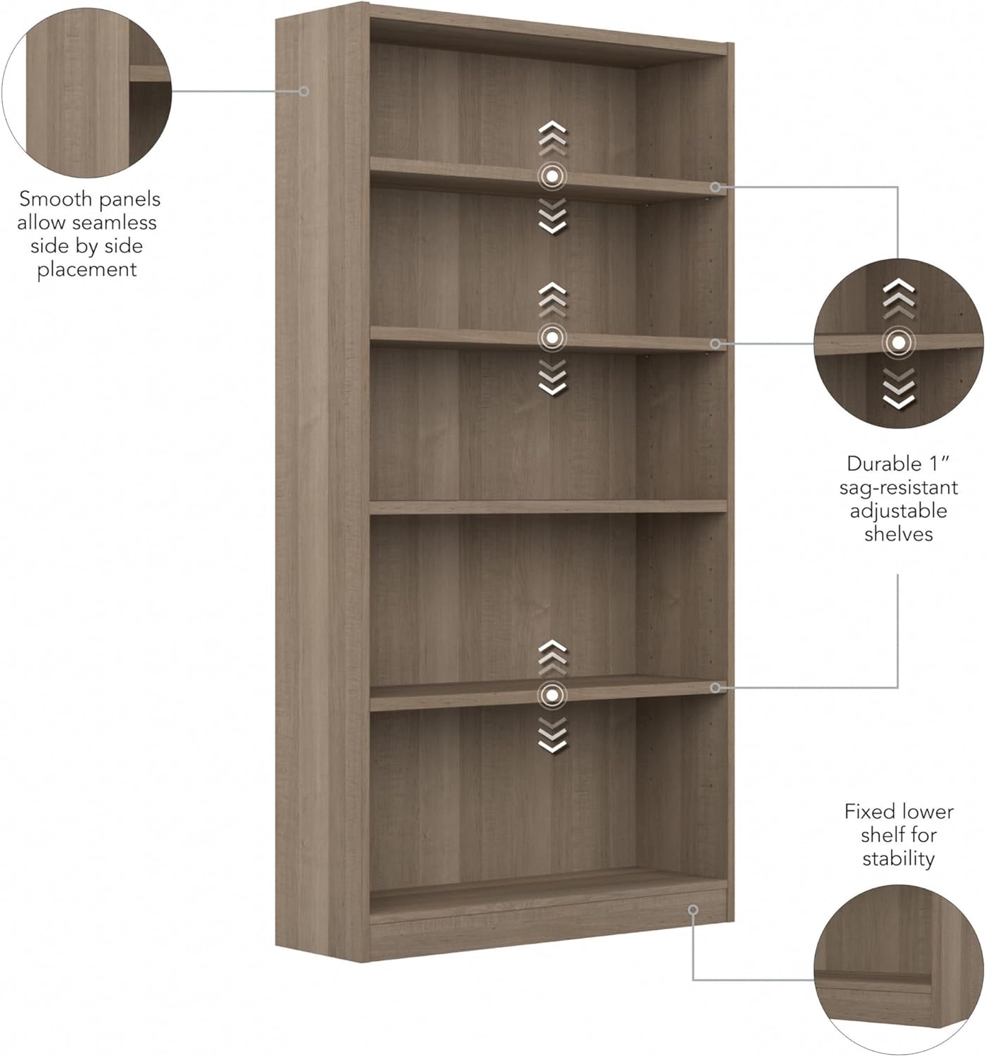 Bush Furniture Universal Tall 5 Shelf Bookcase in Ash Gray