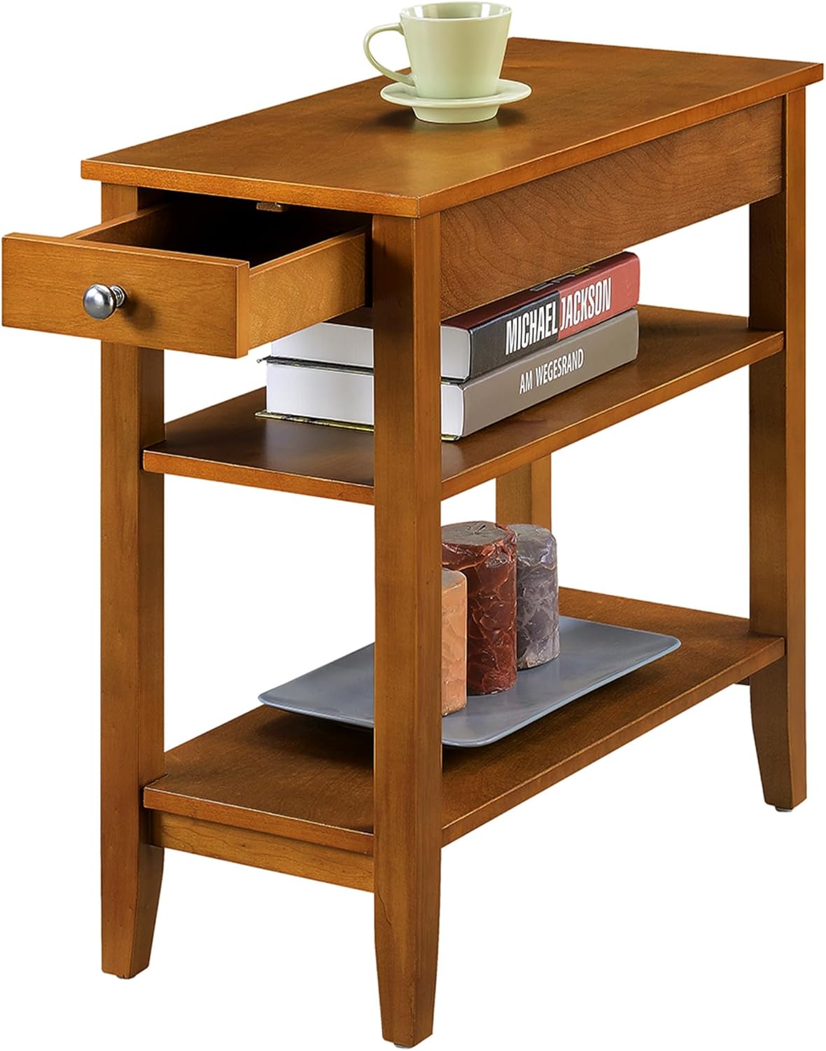 Convenience Concepts American Heritage Chairside End Table with Drawer 23.5" - Classic Living Room Table with Storage Shelf, Bedroom Nightstand, Light Walnut