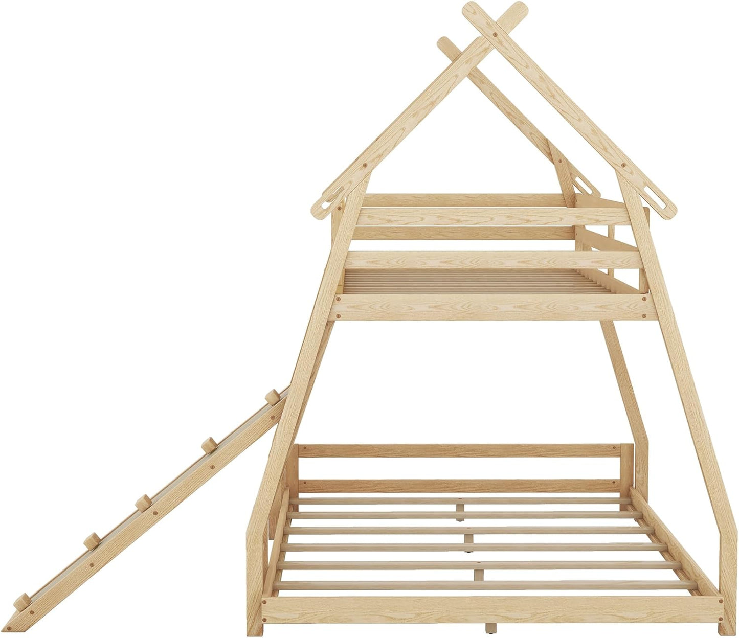 Twin Over Queen House Bunk Bed with Climbing Nets and Climbing Ramp for Kids Teens Boys Girls,Solid Wood Bunk Bed Frame with Safety Guardrails,Playful Design,Natural