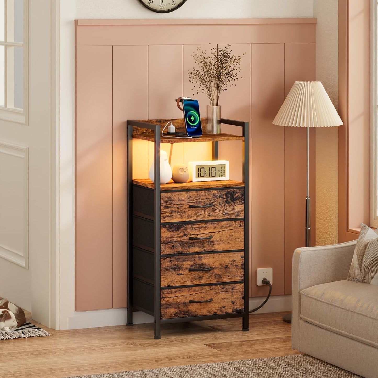Furnulem Night Stand with Charging Station and Led Light, 4 Drawer Dresser for Bedroom, Small Nightstand Bedside Table, Fabric Bins, Metal Frame, Wood Shelf, Side Furniture(Rustic Brown)